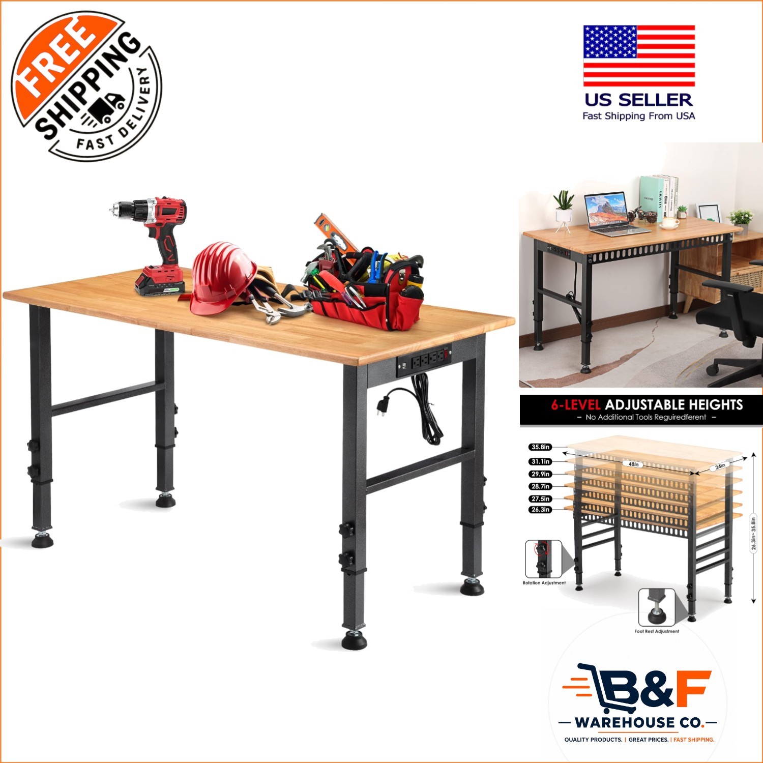 Versatile 48" Adjustable Workbench: 2000 lbs Load + Integrated Power Outlets
