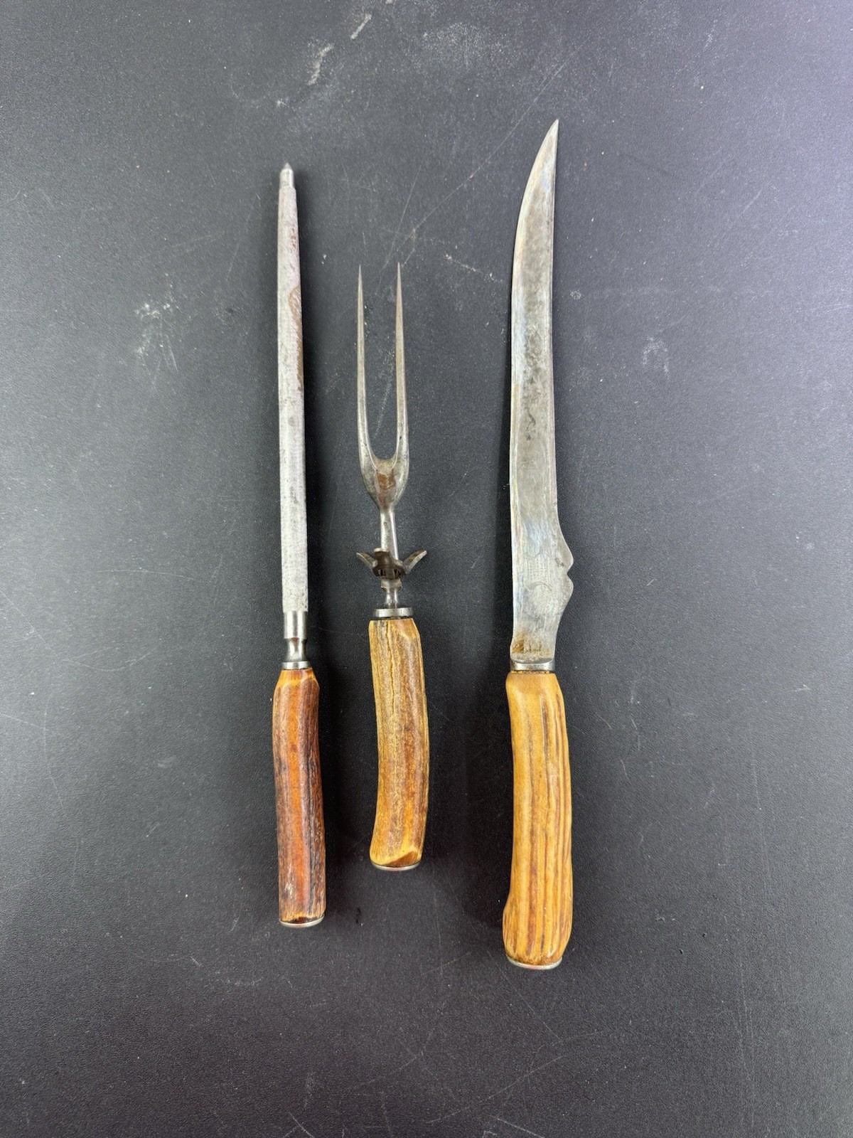 Vintage RUSSELL Deer Antler Carving Set Knife, Fork & Sharpener Holiday Serving
