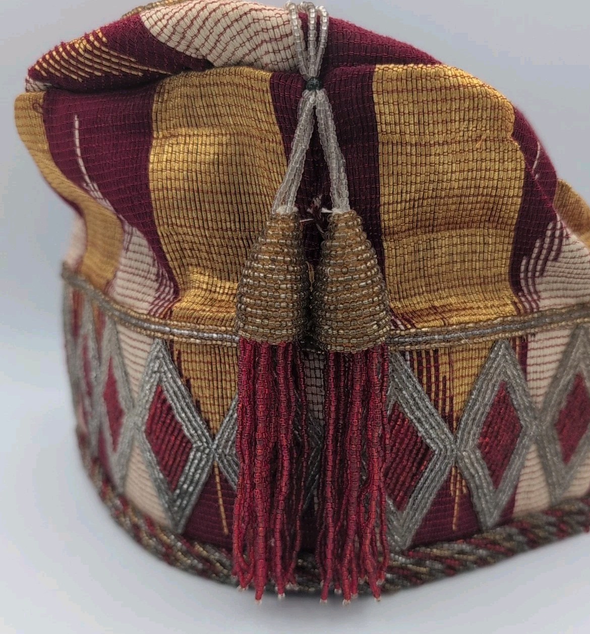 Vintage Authentic African Handwoven Nigerian Hat Kufi Cap Gold Beaded Estate See
