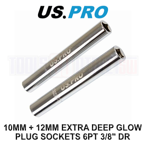 US PRO Tools 10MM + 12MM Extra Deep Glow Plug Sockets 6PT 3/8" DR 3647