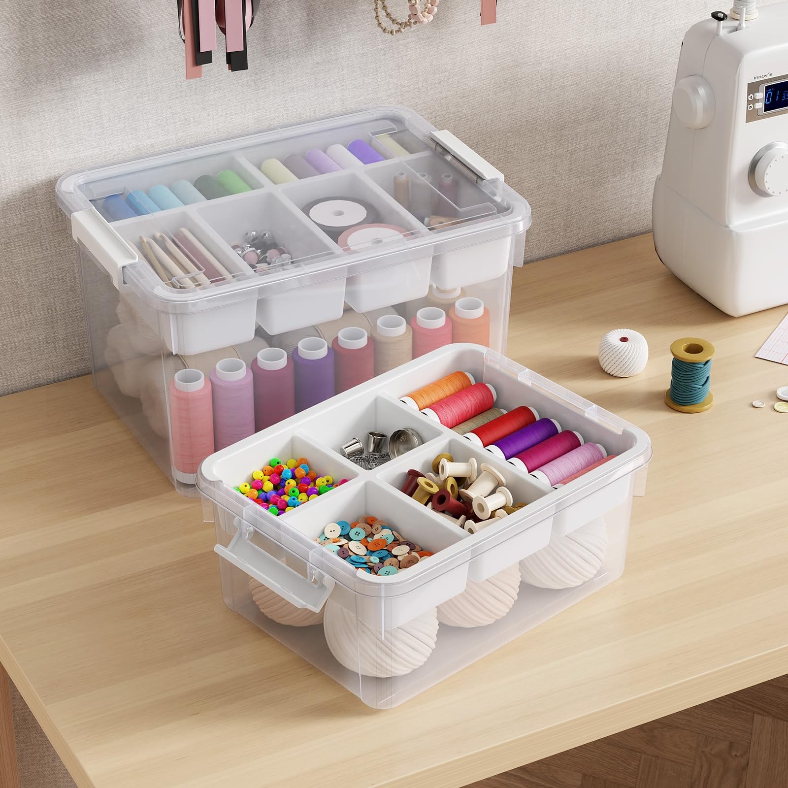 40Qt Stackable Storage Bins with Lids & Trays, Clear Plastic Latching Boxes O...