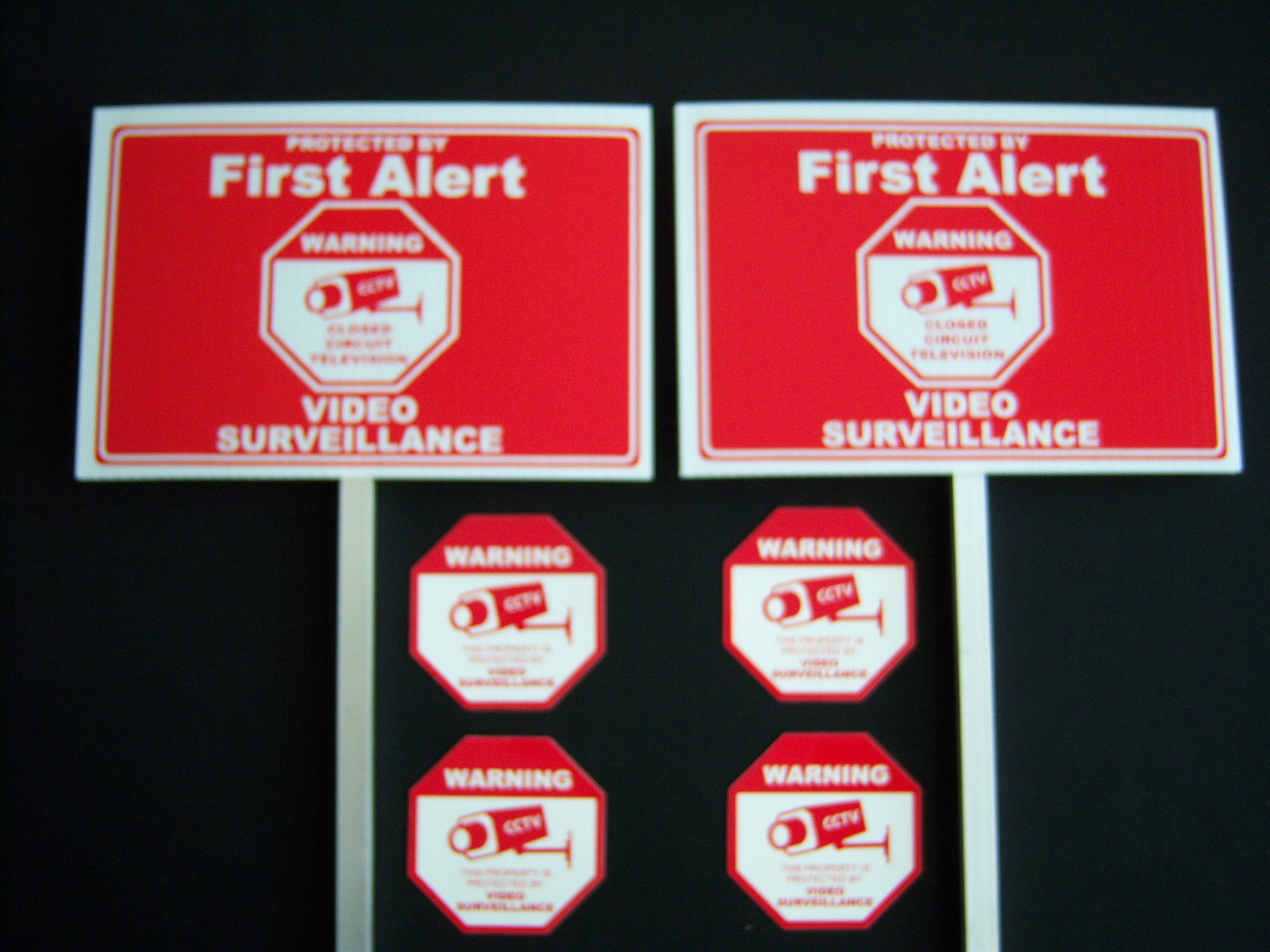 2 FIRST ALERT ...VIDEO SURVEILLANCE SIGNS + 4 DECALS  - 2 STAKES ..#PS-418