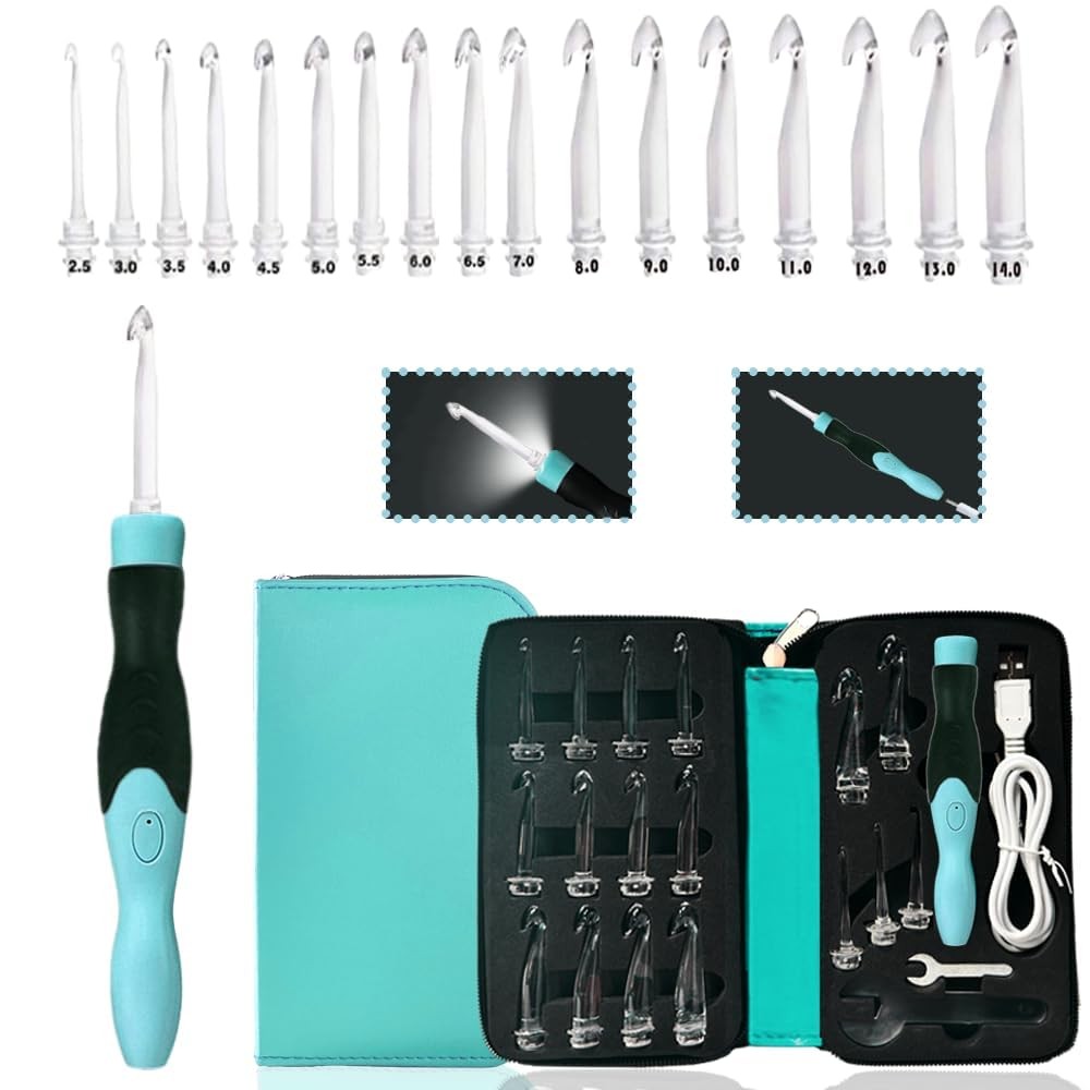 Lighted Crochet Hooks Set 2.5mm~14.0mm, 17 Sizes Light Up Crochet Hooks with ...