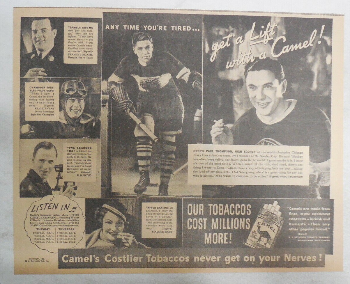 Camel Cigarette Ad: Paul Thompson Chicago Blackhawks 1935 Size: 10 x 12 inches