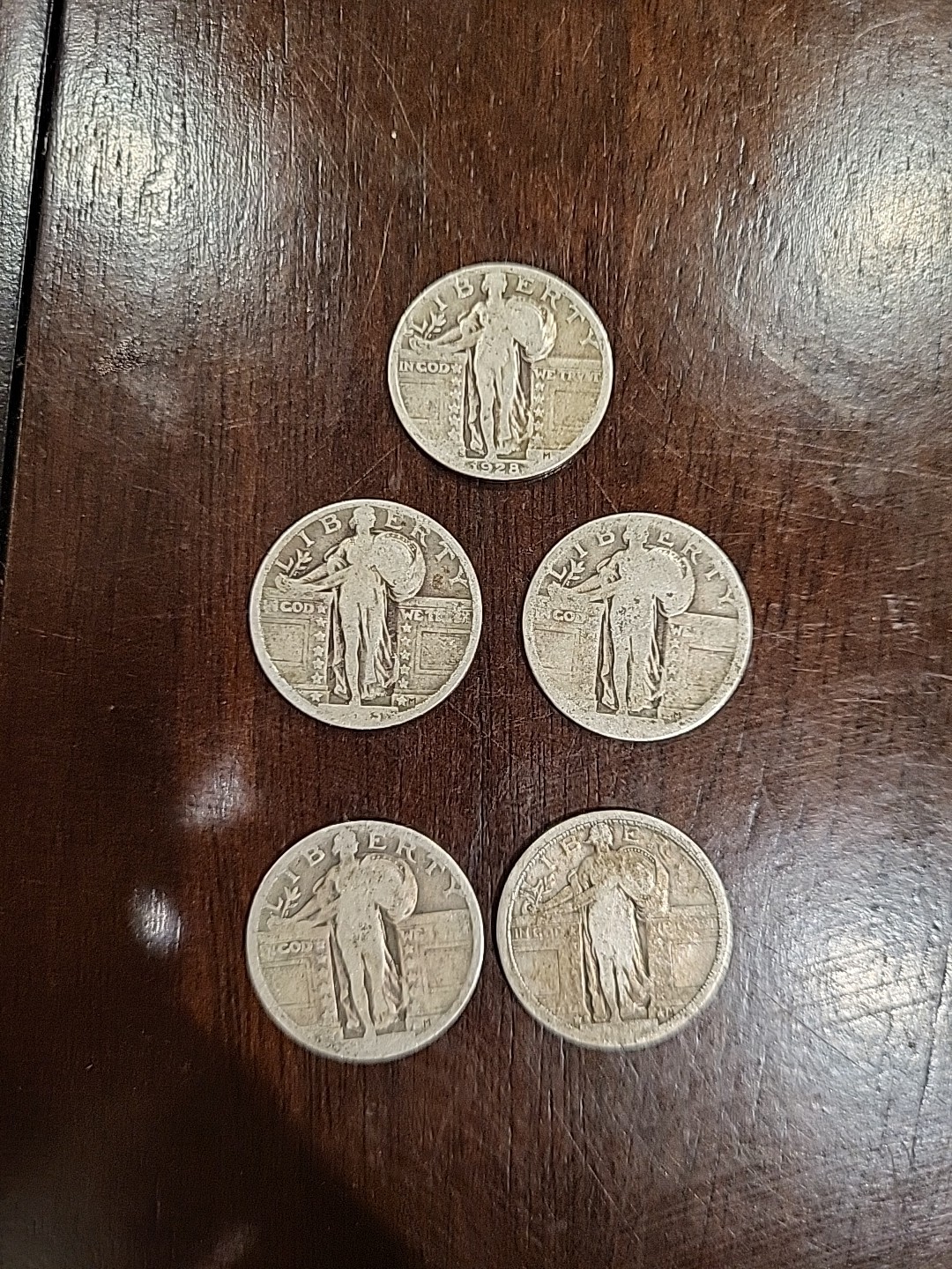 1928-S Standing Liberty Quarters – 5 Coin Group – Vintage U.S. Silver