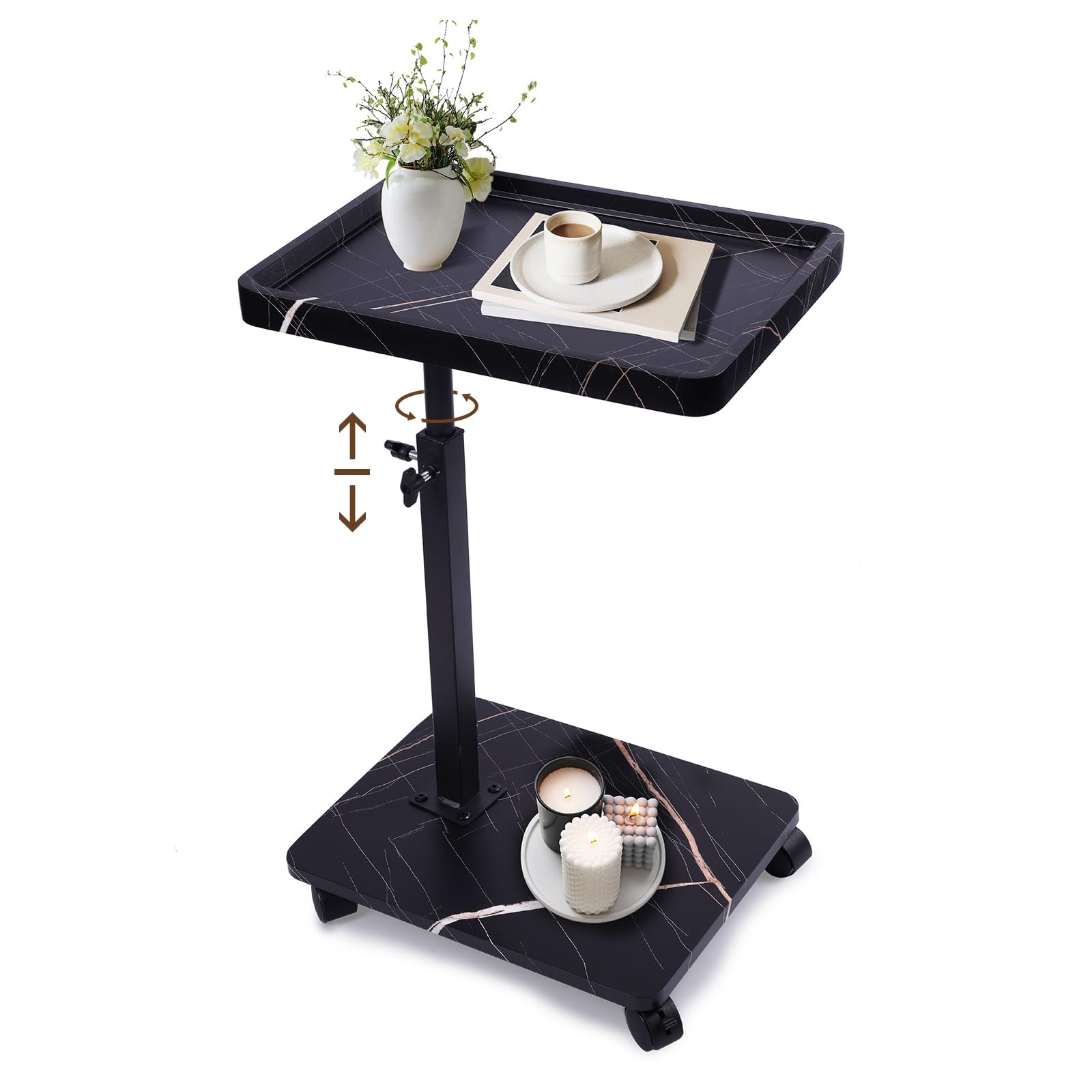 Black C Shaped End Side Table Adjustable Height 360 Swivel TV Tray Table