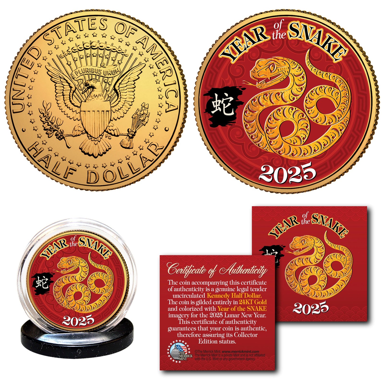 2025 Lunar New YEAR OF THE SNAKE 24K Gold Plated JFK Kennedy Half Dollar Coin