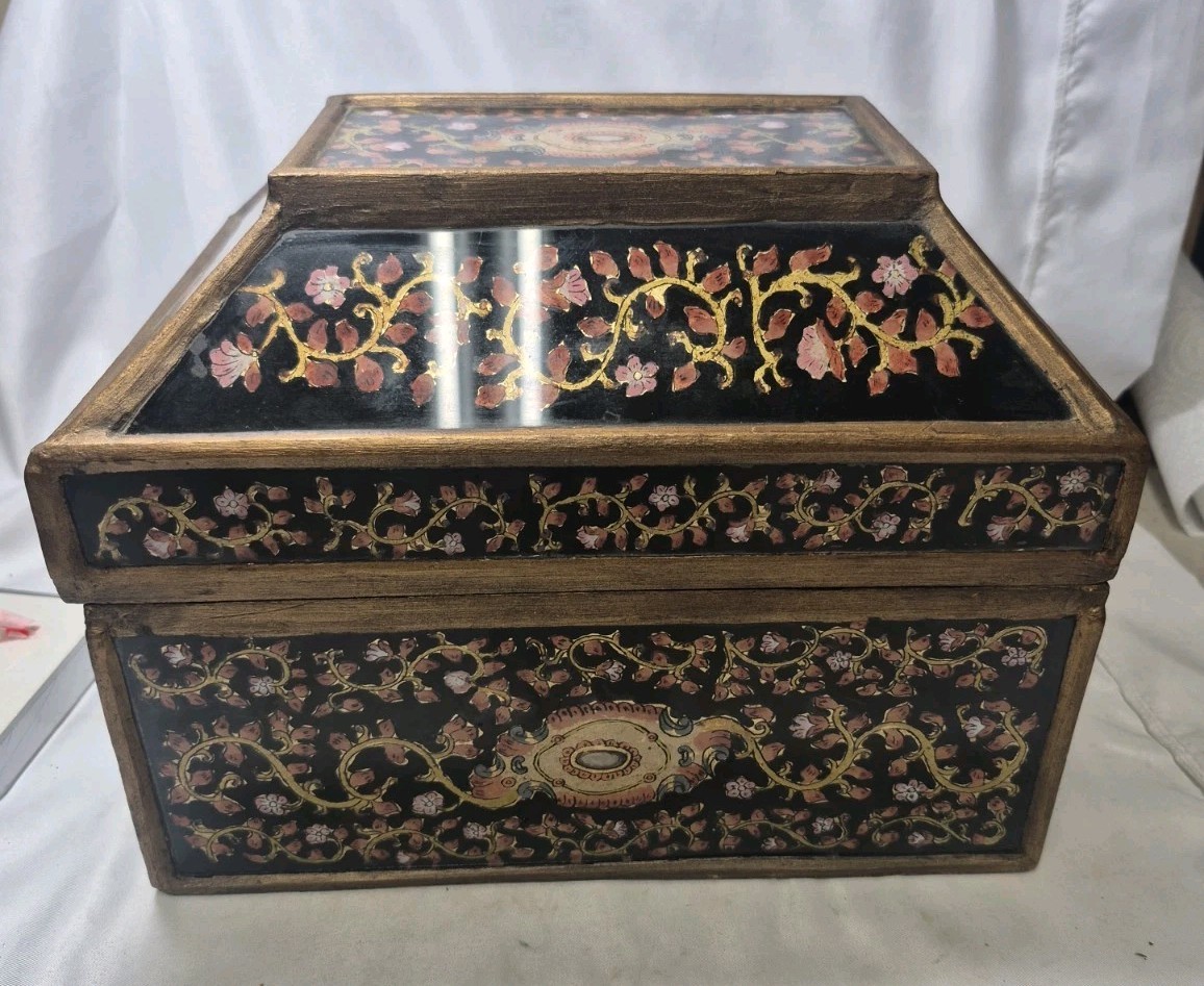 VTG South Cone handmade wood box reverse Painted glass Floral Gold Trim Black !!