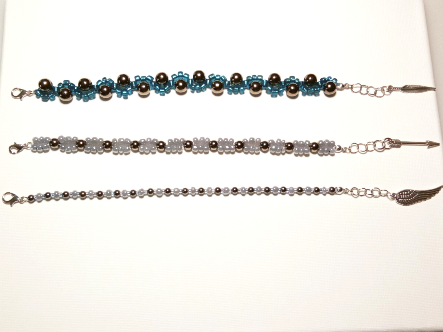 HANDMADE ADJUSTABLE 3PC METALLIC & GLASS BEADED BRACELETS