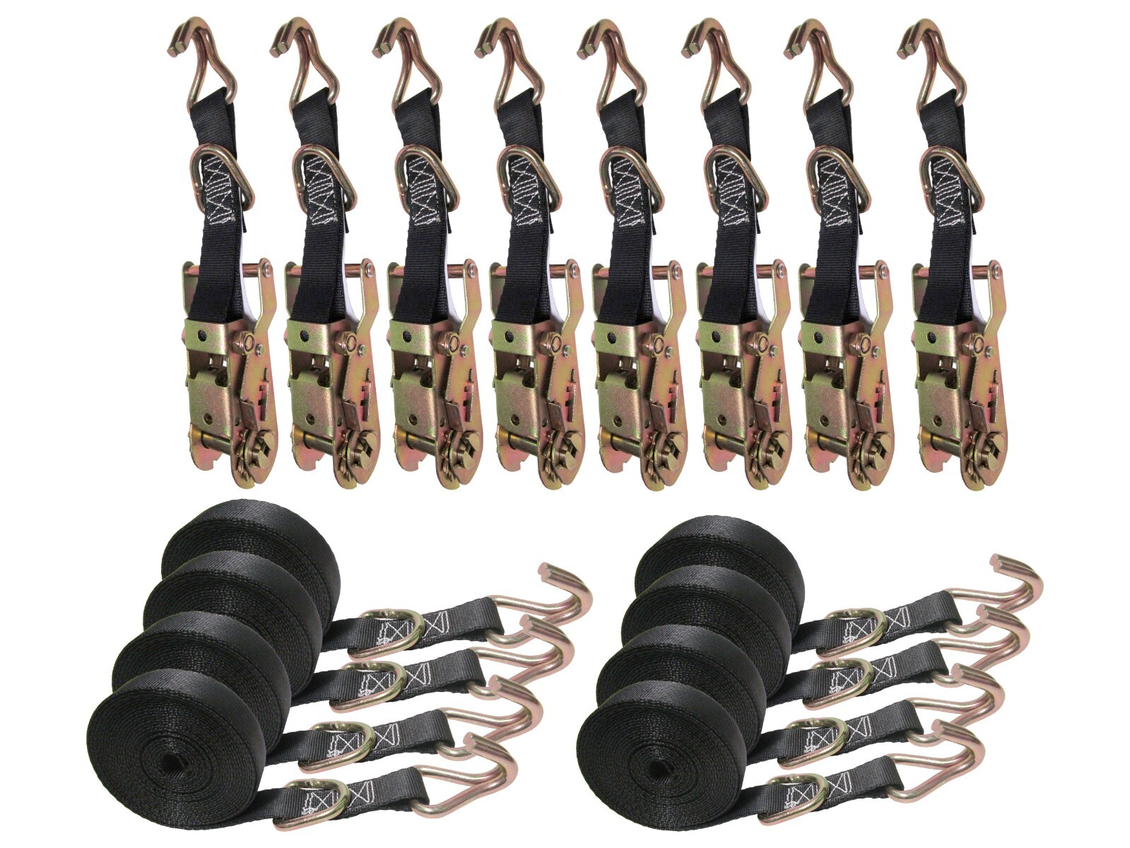 1" x 16' Black Ratchet Strap with D Ring Attachment Finger J Hook - Pack of 8