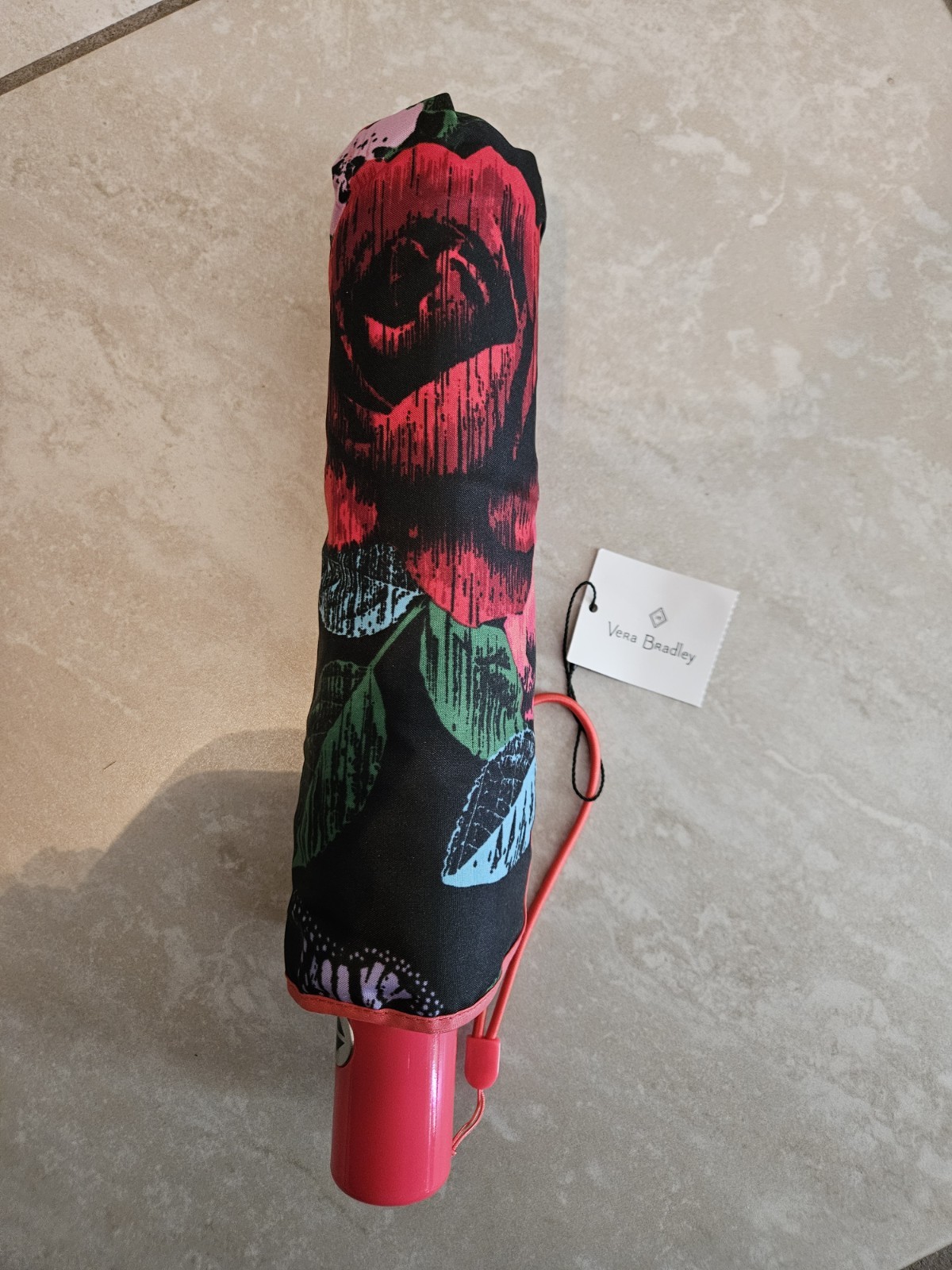 ​NWT Vera Bradley Havana Rose Floral Compact Rain Umbrella Black Red Pink Travel