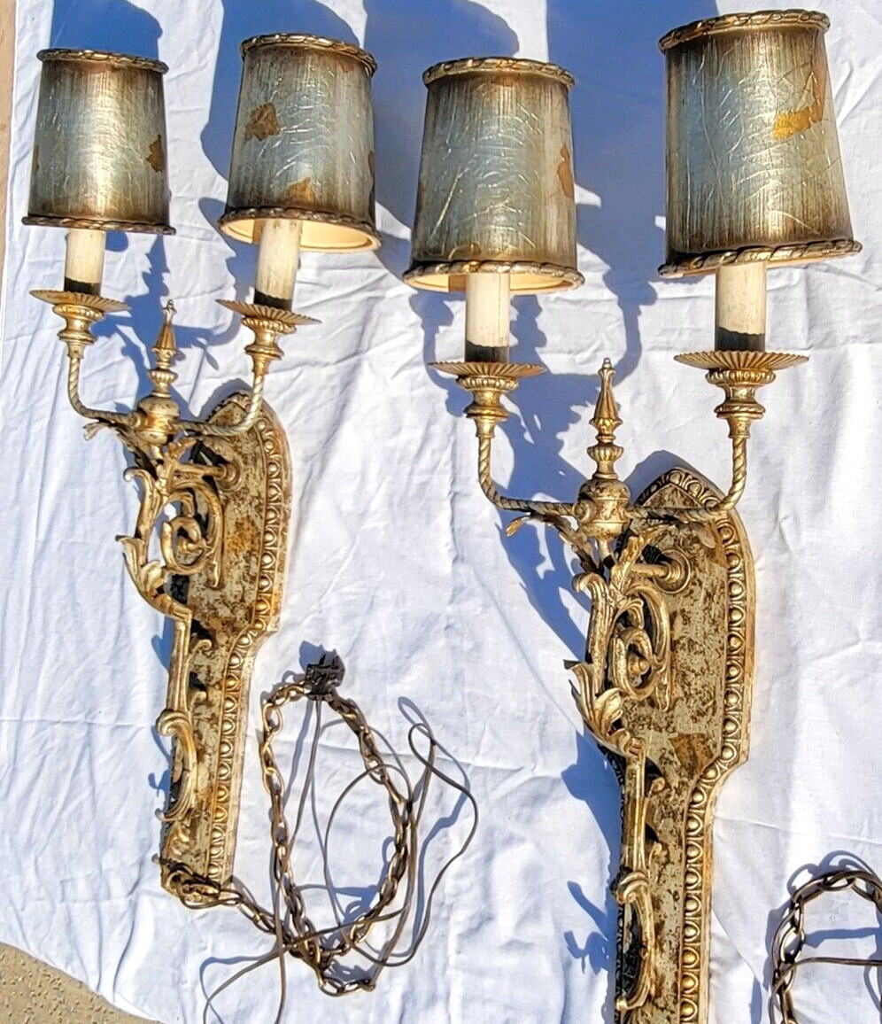 LARGE 31" Wall Lamps (2) Gaudy  Vintage gold foil w/ Original Shades Rare Find