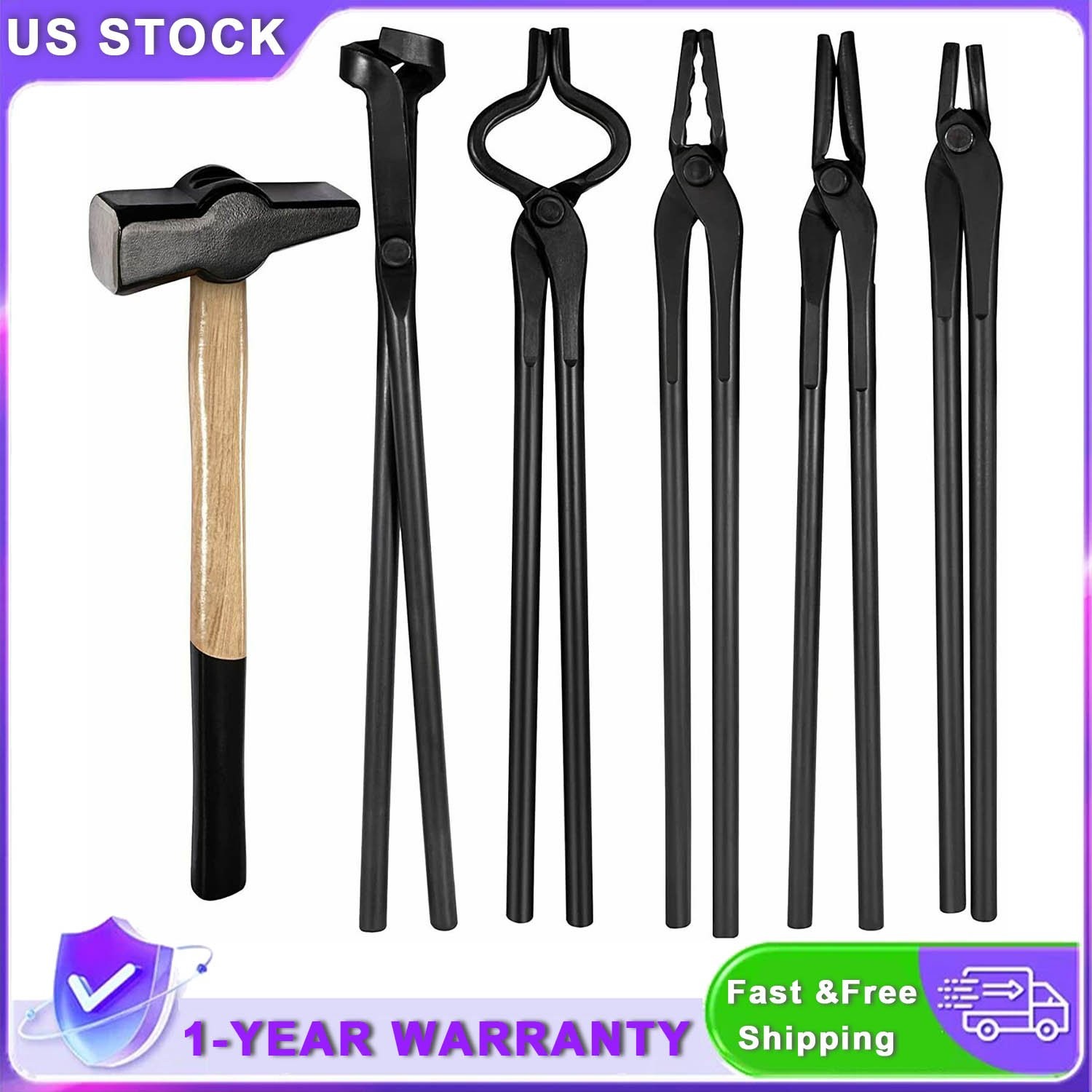 Knife Making Tongs Bladesmith Tong Set & Blacksmith Hammer 1.5 kg Forge Tools