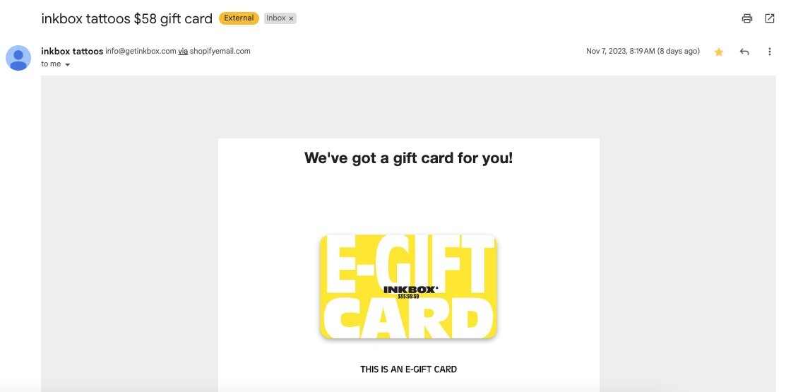 $58 inkbox giftcard
