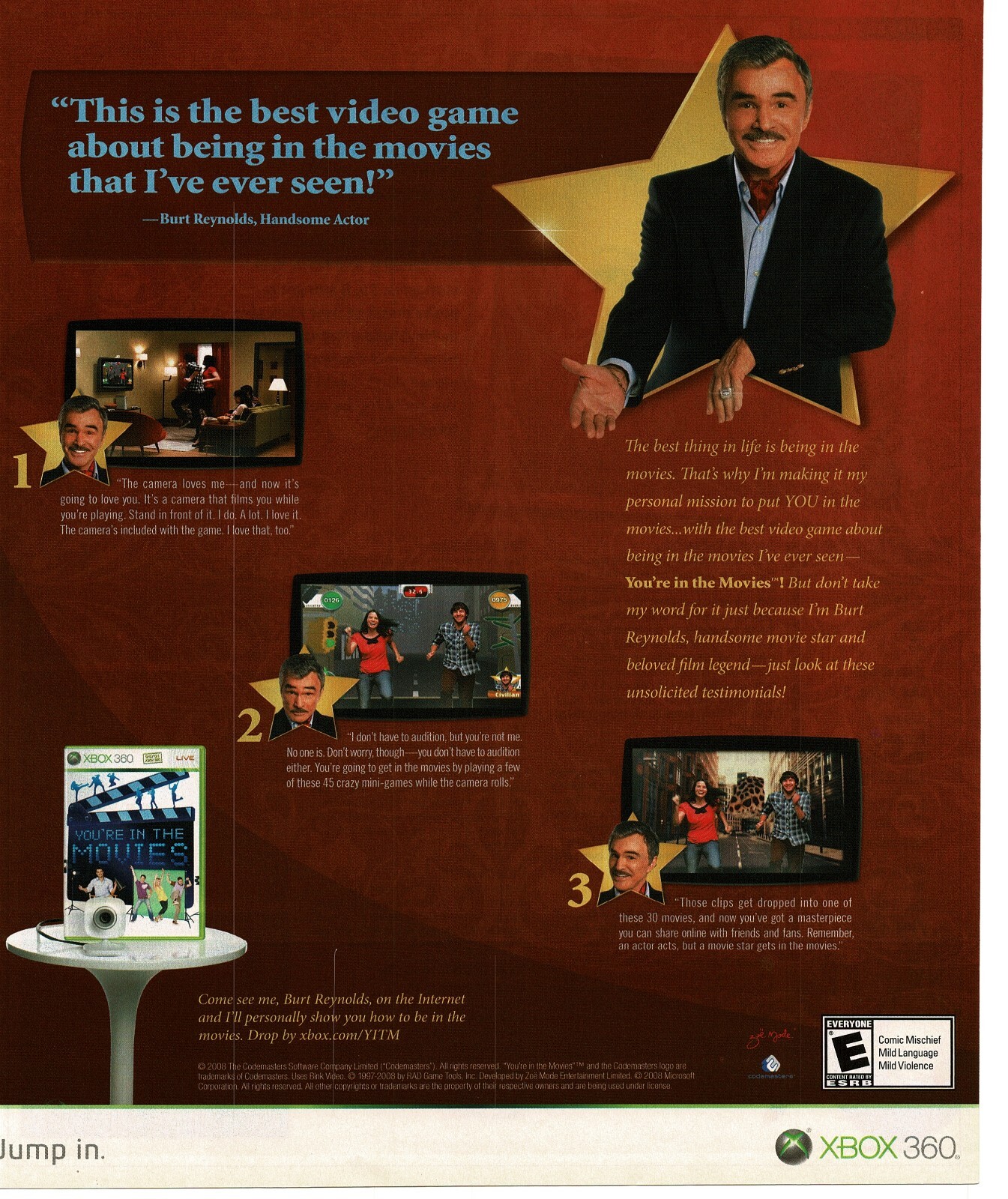 2008 You're In The Movies Video Game Burt Reynolds Vintage Print Ad