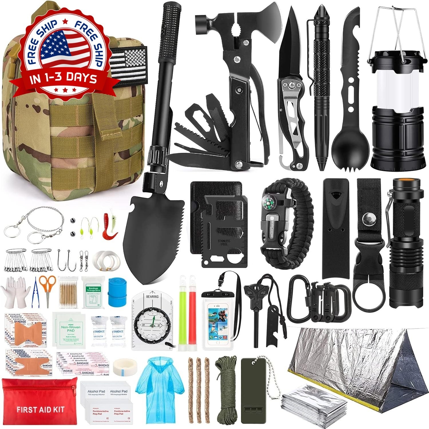 Kit de supervivencia, 250 piezas, botiquín de primeros auxilios para senderismo
