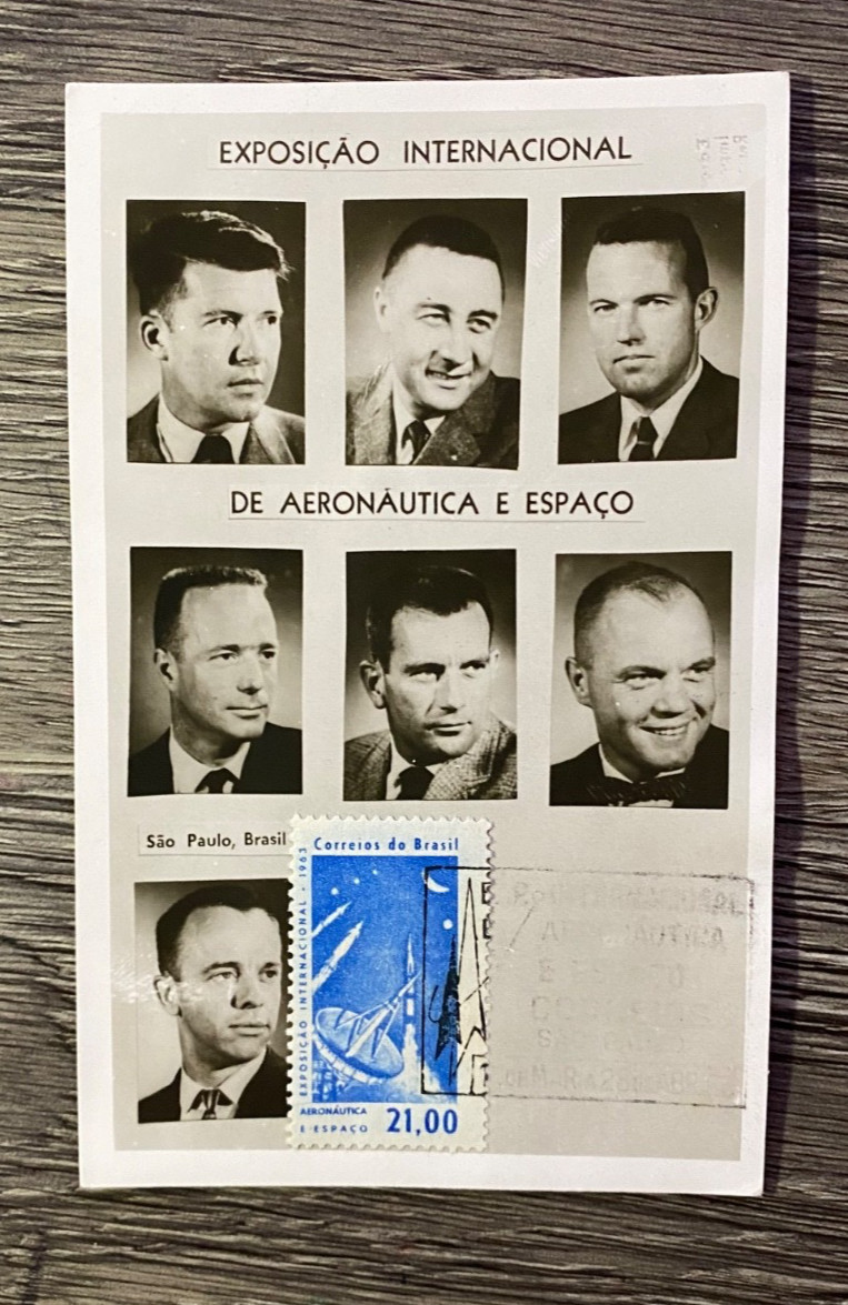 OUTER SPACE: 1963 SPACE EXPOSITION, SAO PAULO BRASIL = B&W MERCURY 7 POSTCARD