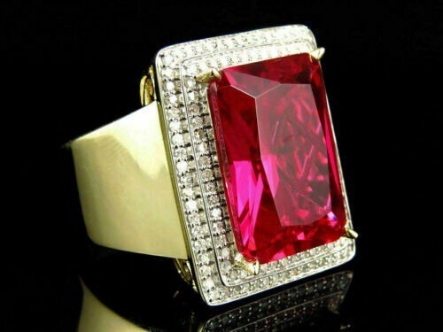 Lab-Created 5.80 Ct Radiant Cut Red Ruby Men's Wedding Ring 14K Yellow Gold Over