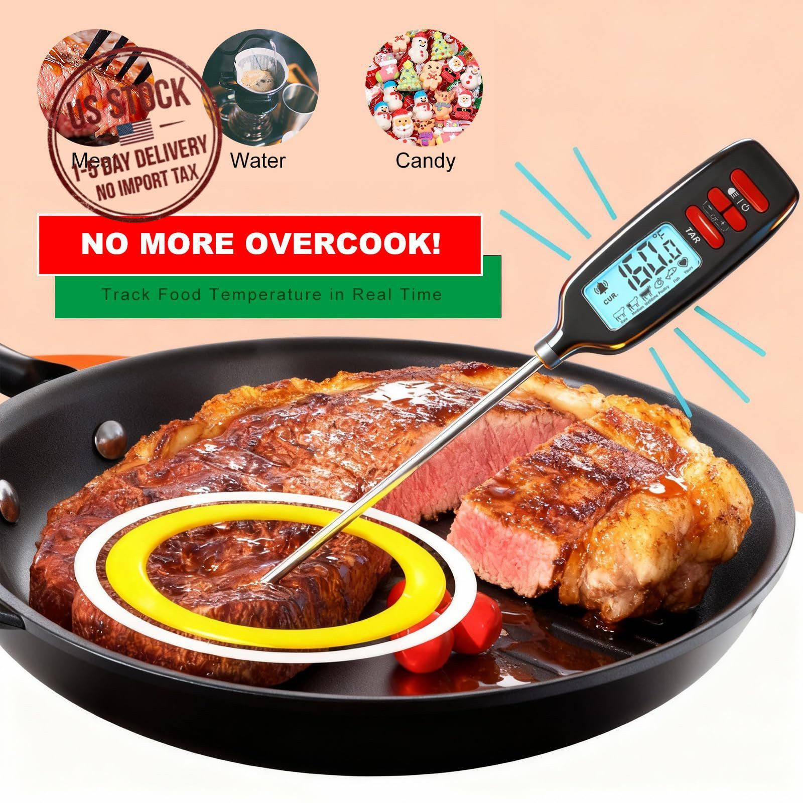 Instant Read Food Thermometer Long Probe for Cooking Grilling Baking BBQ Kitchen