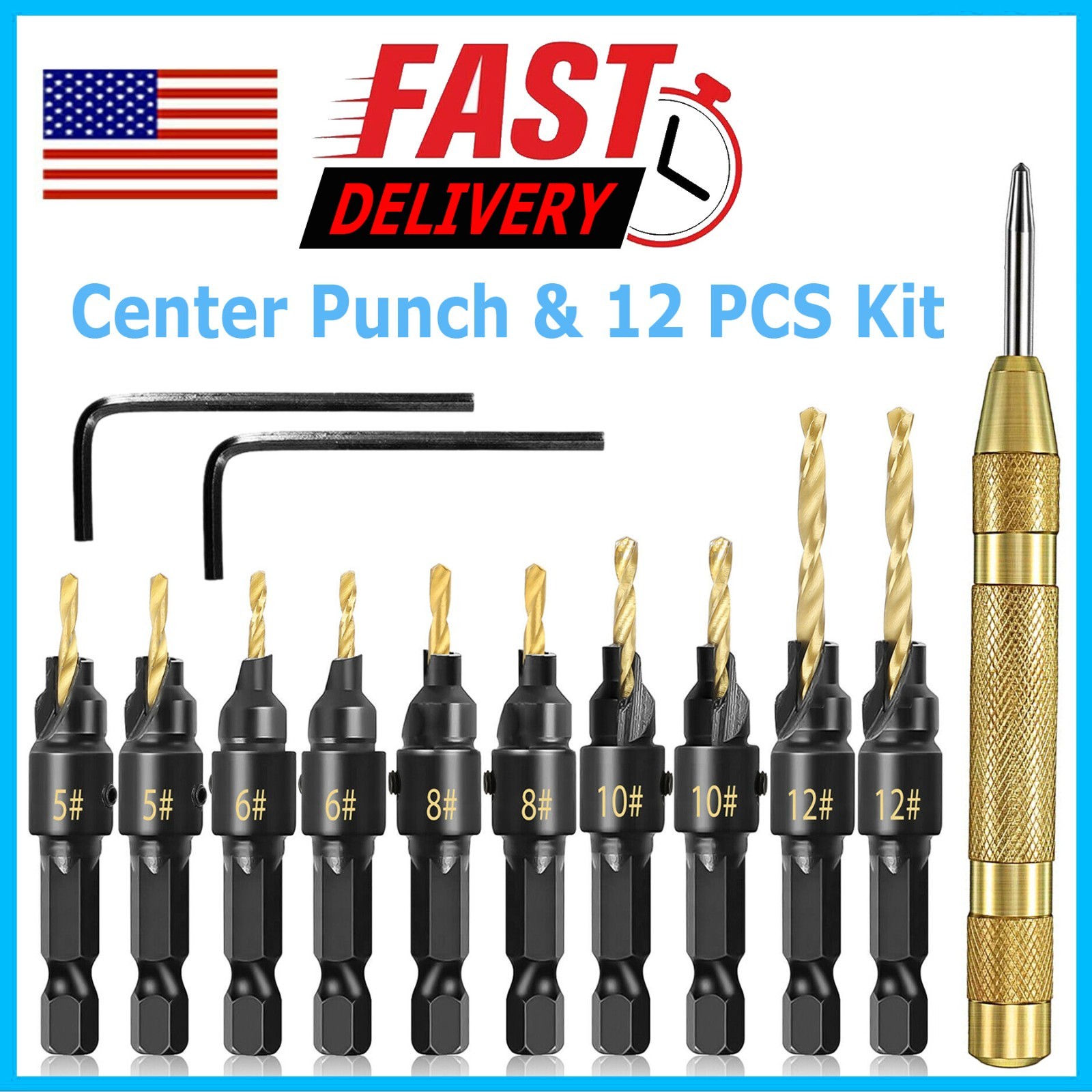 13x HSS Countersink Drill Bit 1/4" Hex Shank Woodworking Pilot Screw Hole Set
