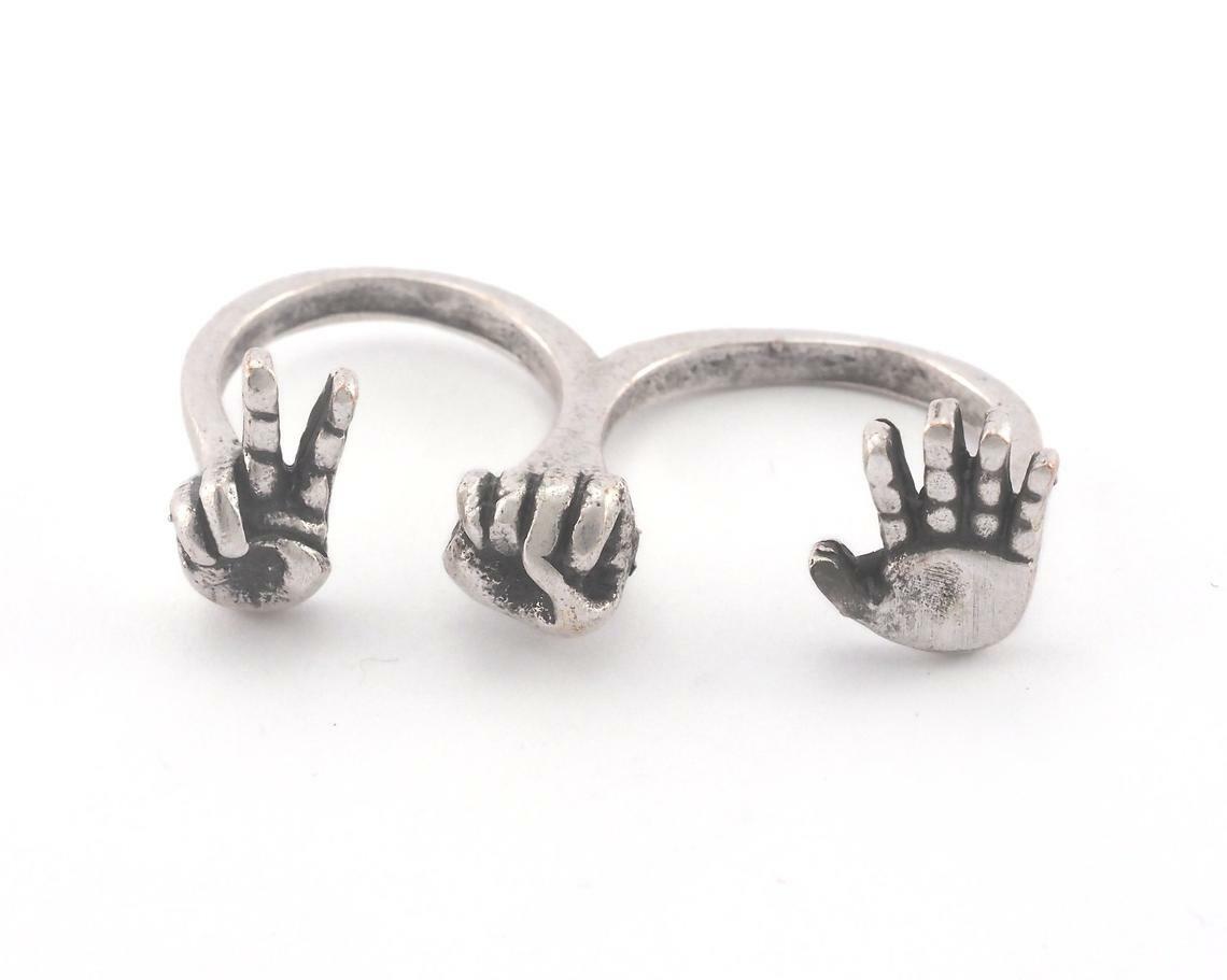 Rock paper scissors Adjustable Antique Silver Plated brass (8US size) 3807