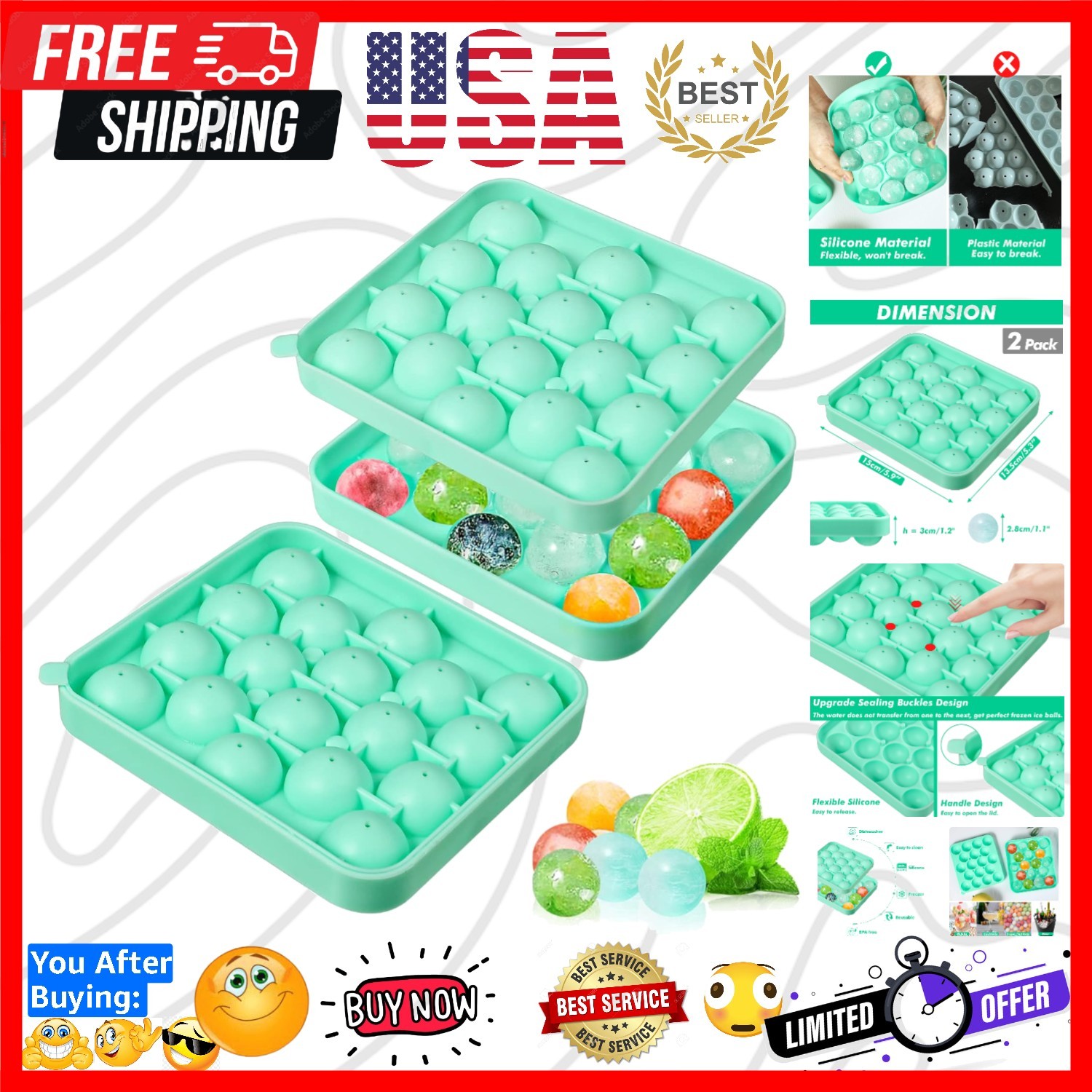 2 Pack Silicone Round Ice Cube Molds, 1.1 Inch Ice Ball Maker Easy Release Si...