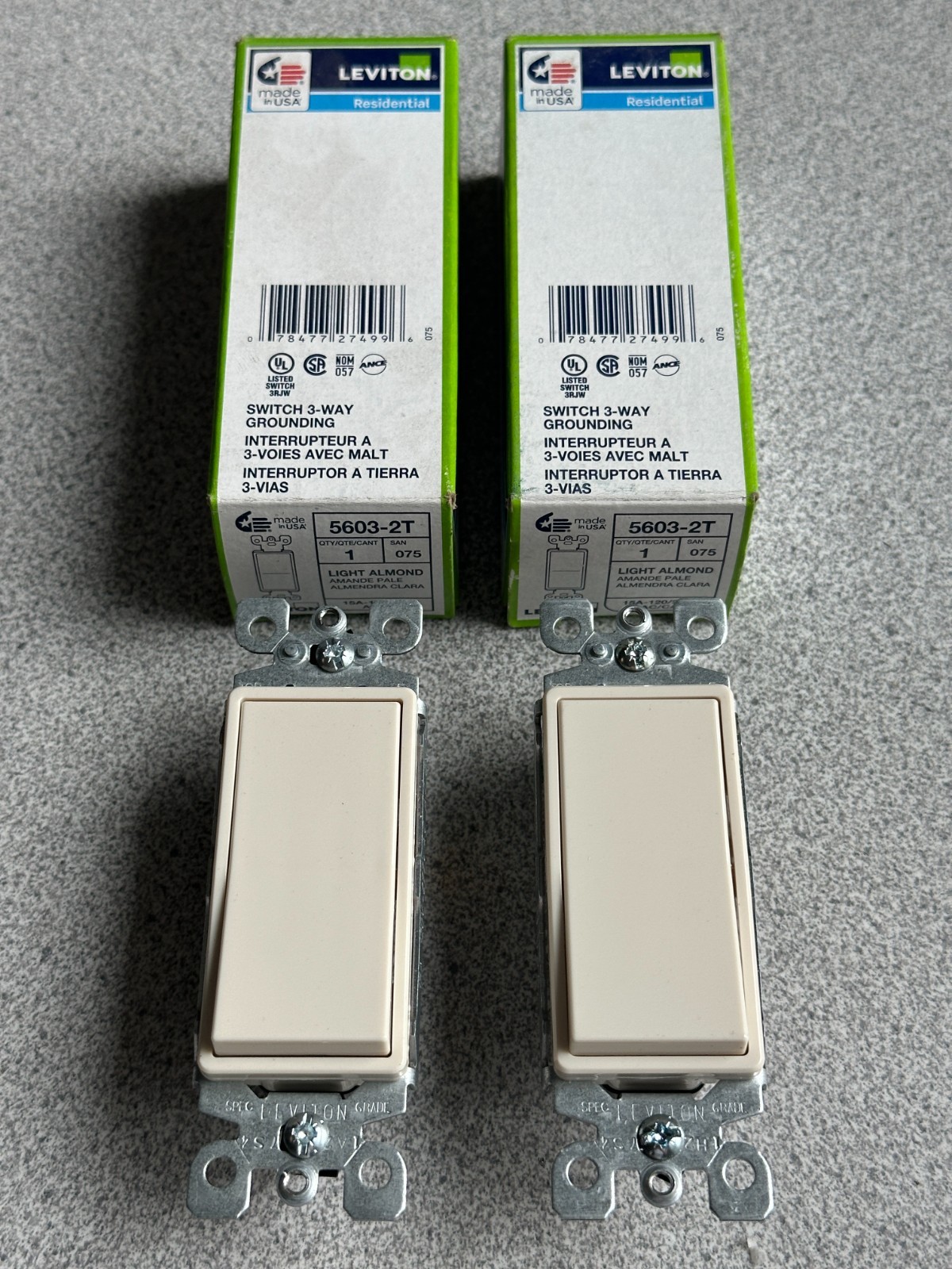 Lot of 2 NEW LEVITON 15A Light Almond Decora 3-Way Switches 5603-2T