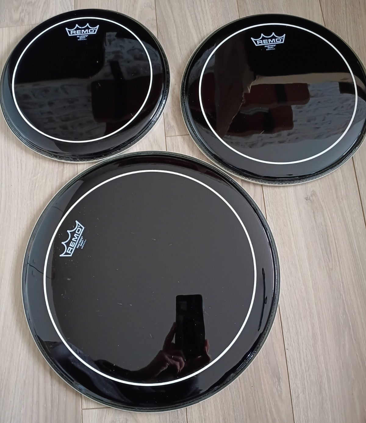 Set of 3 VGC Quality Remo Pin Stripe Ebony tom drum batter heads 2 ply 12" 13"16