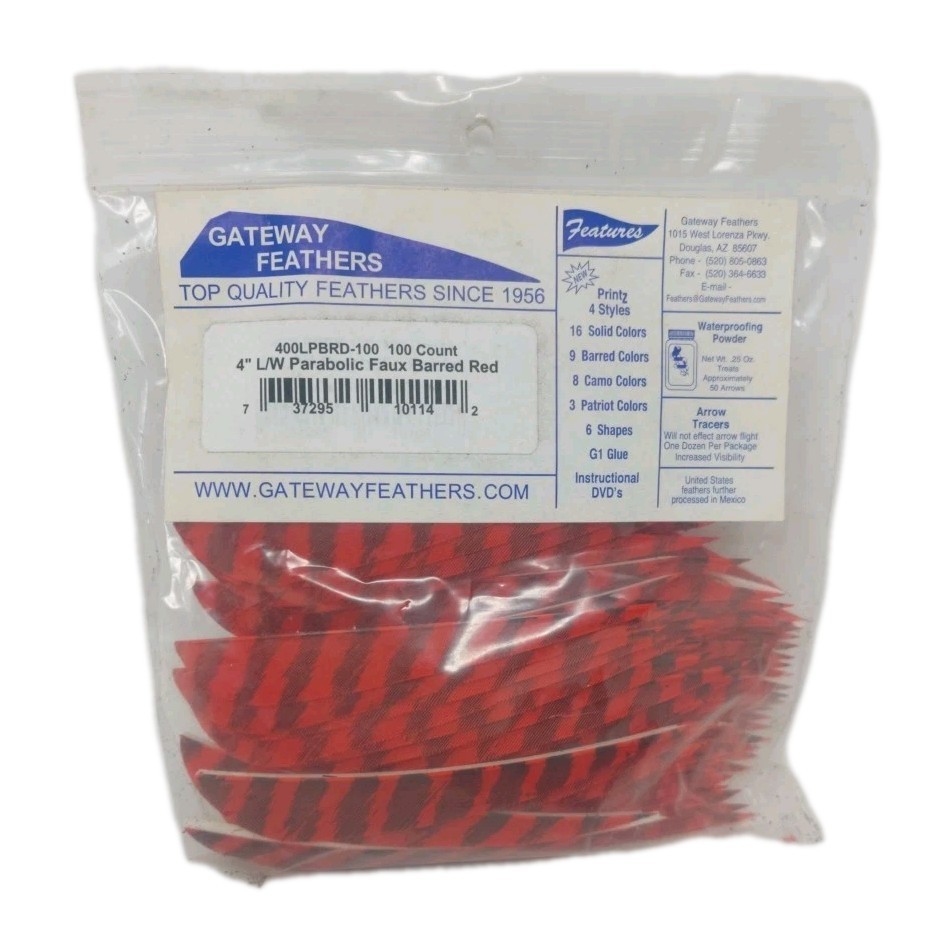 100 Pack Gateway Feathers 4" Left Wing: Parabolic Faux Barred Red 400LPBRD-100