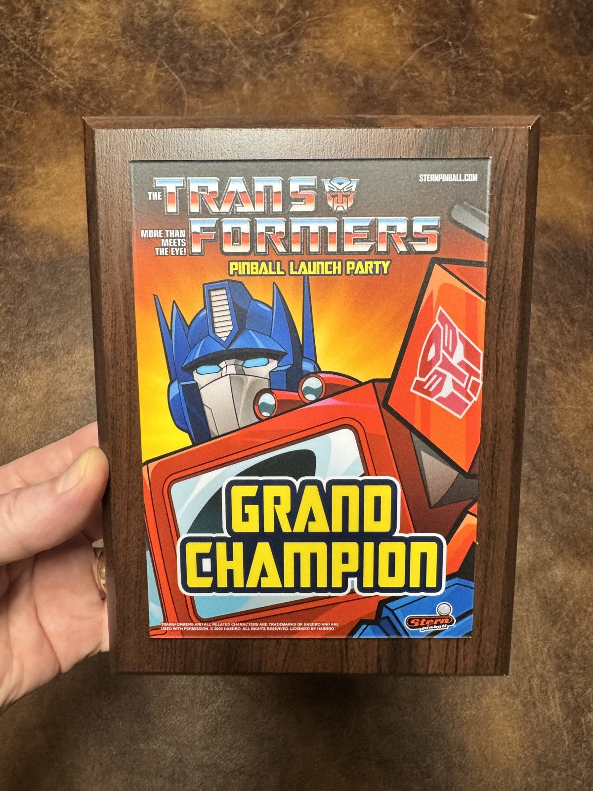 Stern Pinball Launch Party Transformers Pinball Grand Champion Plaque - Rare
