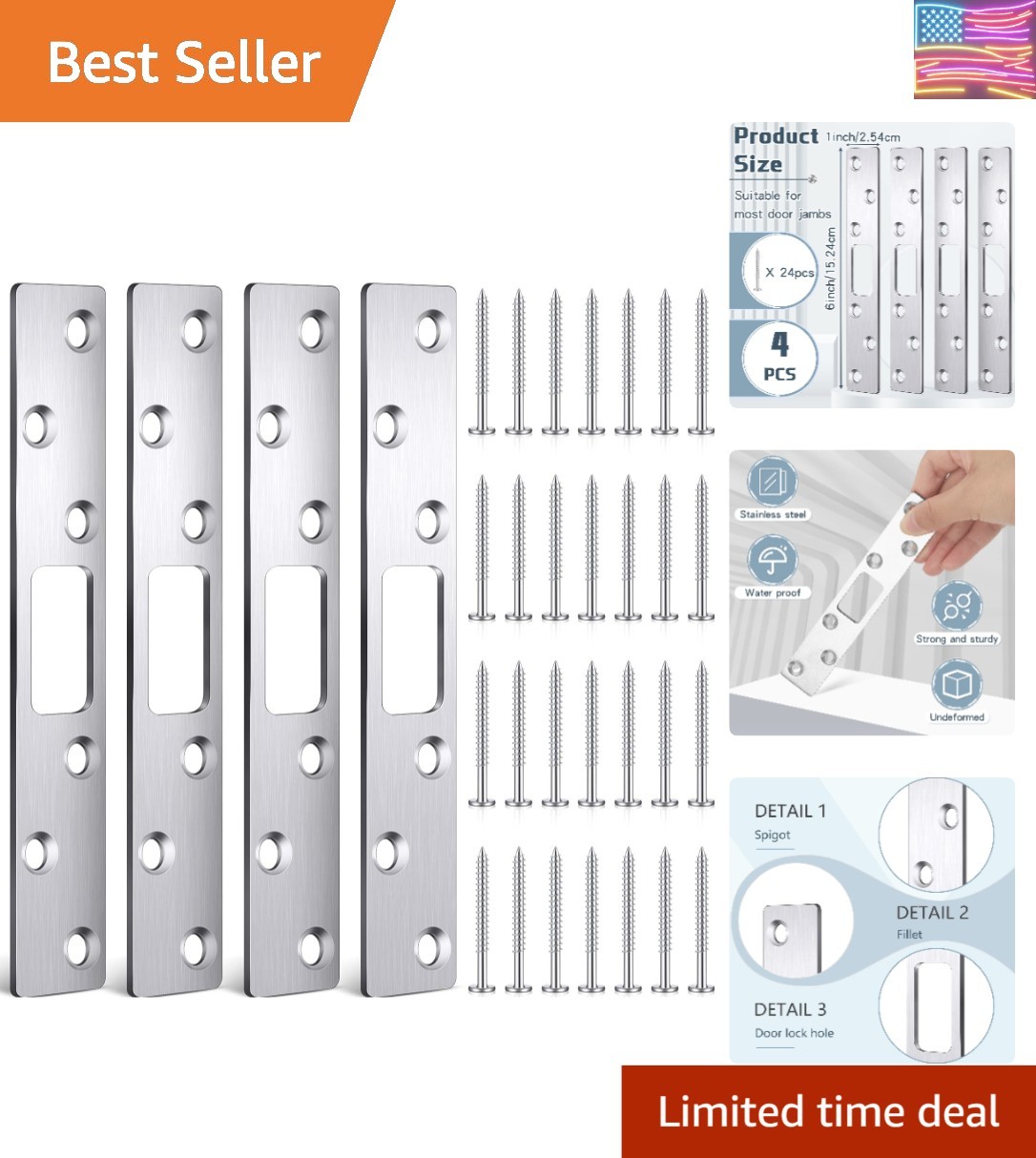 4 Pcs 6 Inch Door Strike Plate Security Latch Strike Stainless Steel Door Rei...