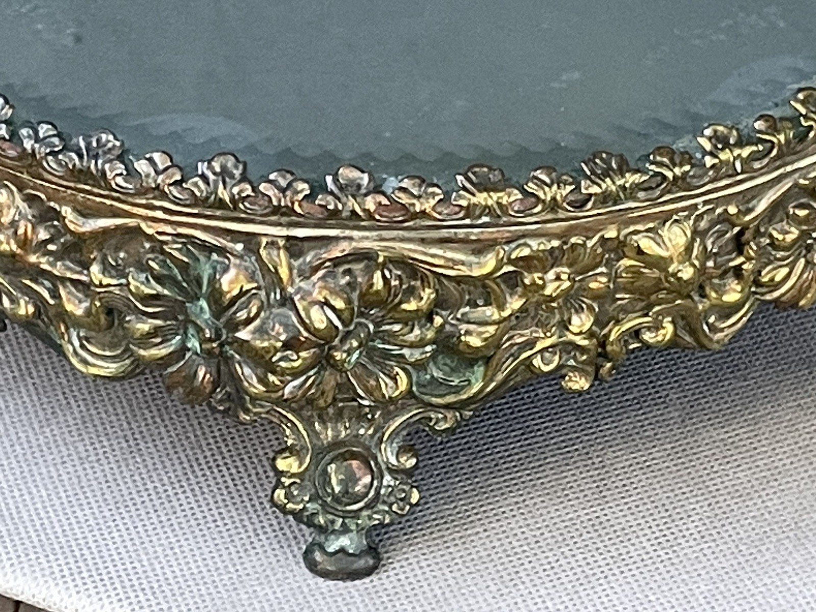 Antique Victorian Dresser Vanity Tray Mirror Brass Flowers Chunky Ornate Footed