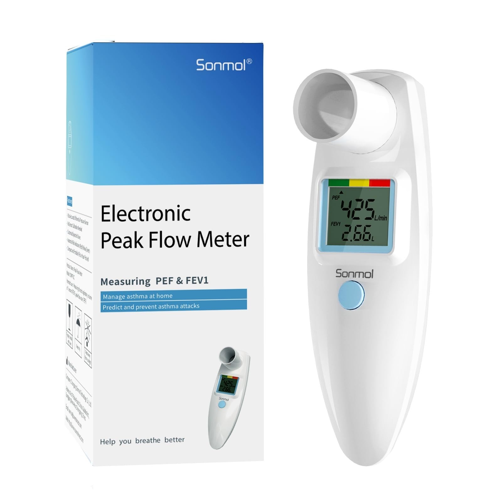 Sonmol Digital Peak Flow Meter Portable PEF Forced Expiratory Volume FEV1 Tes...