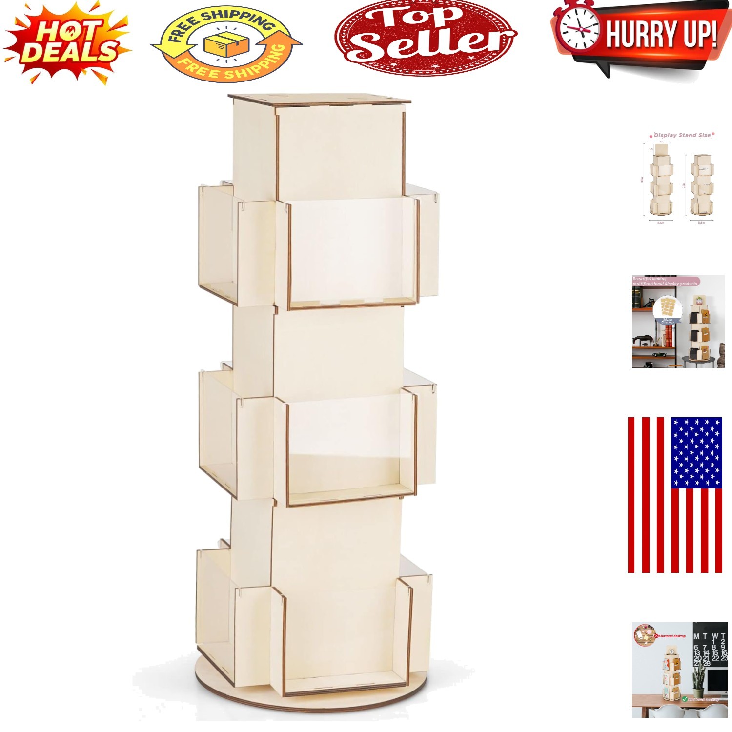 Rotating Wooden Display Rack with 3 Tiers & Card Holders