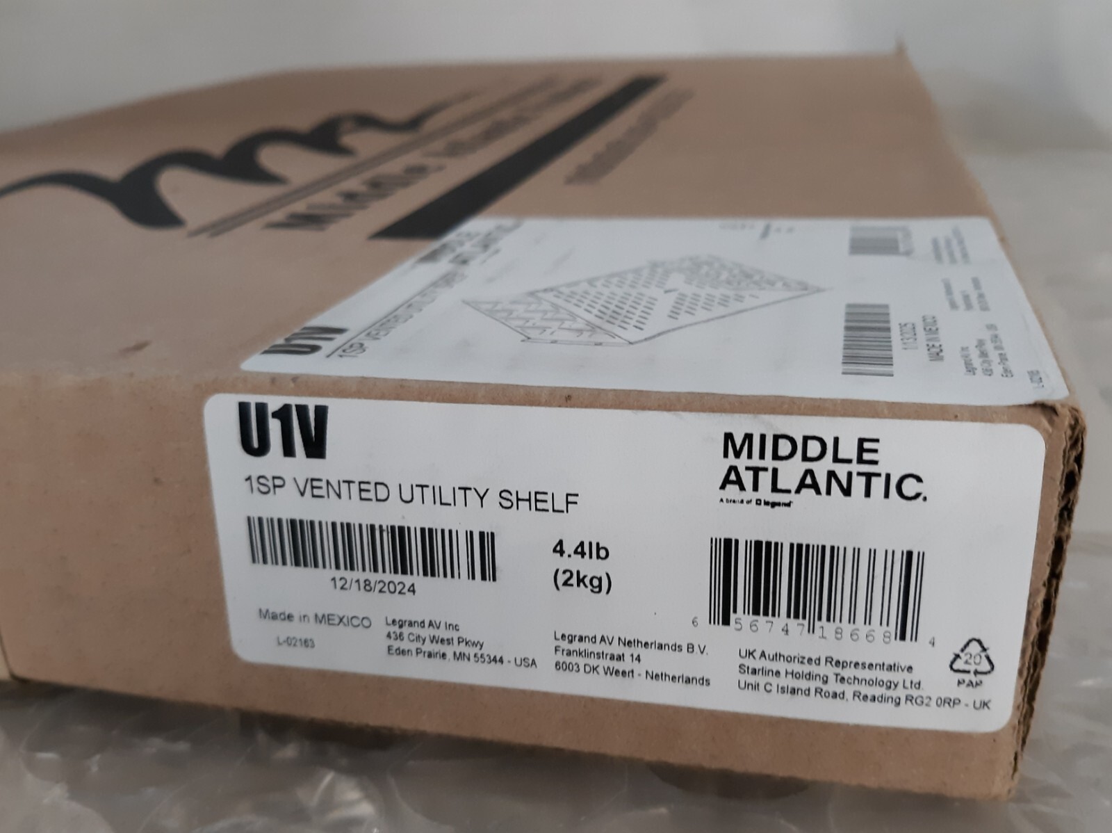 Middle Atlantic U1V 1SP Vented Utility Shelf L-02163 NEW *SEALED*