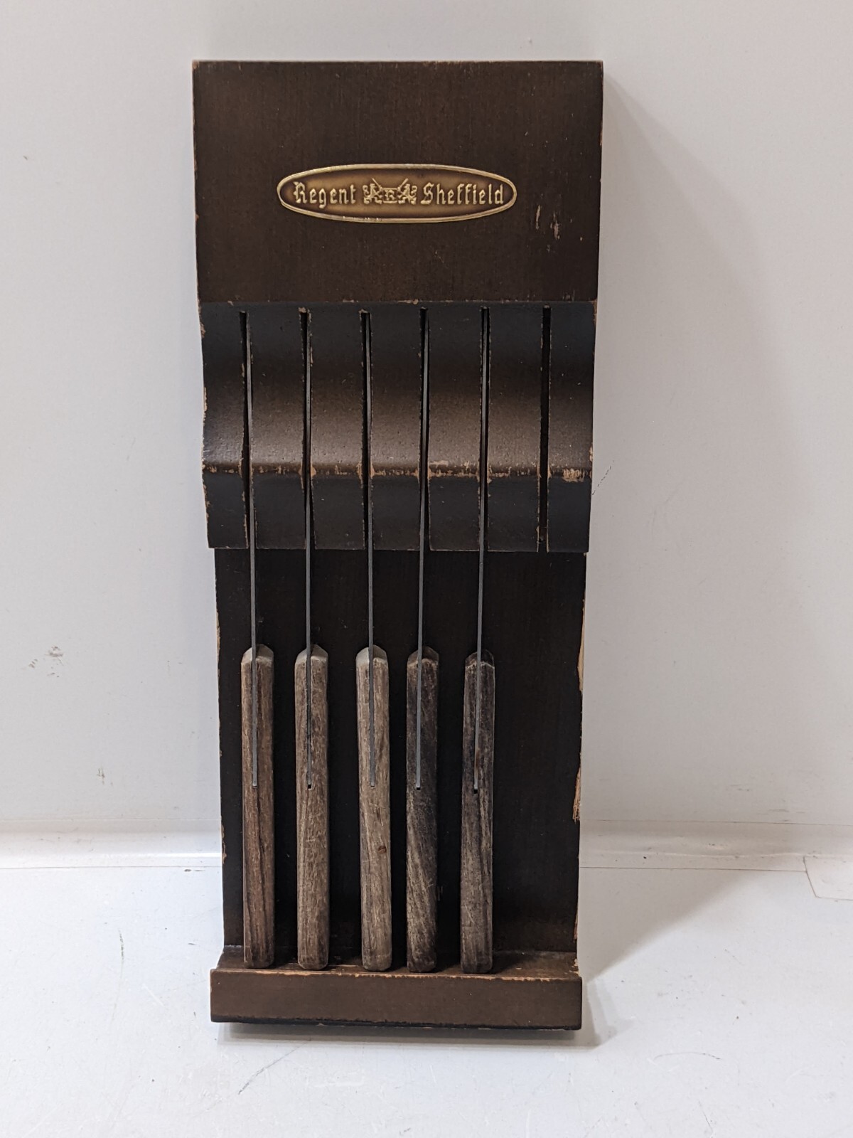 Regent Sheffield 5 Piece Steak Knife Set Mahogany Block 1980s READ