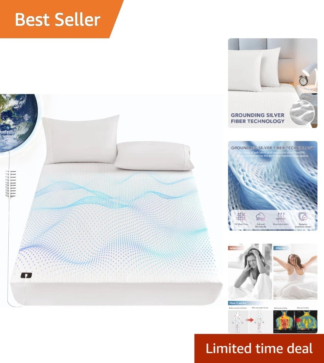Silver-Infused Cooling Grounding Sheet for Healthy Sleep - Queen Size White
