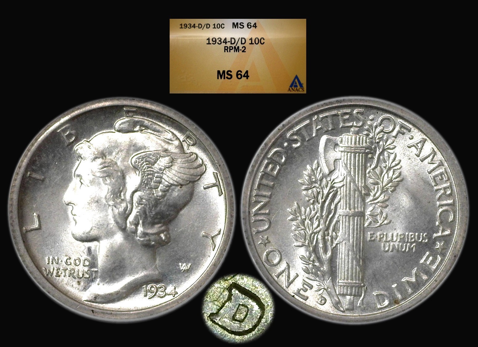 1934-D/D Mercury Dime graded ANACS MS64...RPM-2 Variety!!