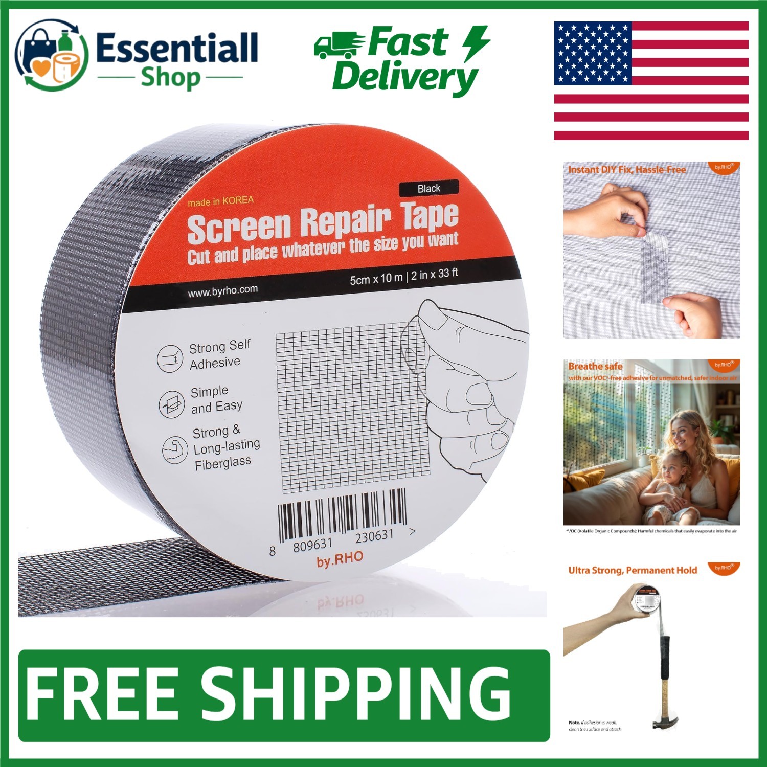 2in x 33ft Black Window Screen Repair Tape - Durable, Non-Toxic & Weatherproof