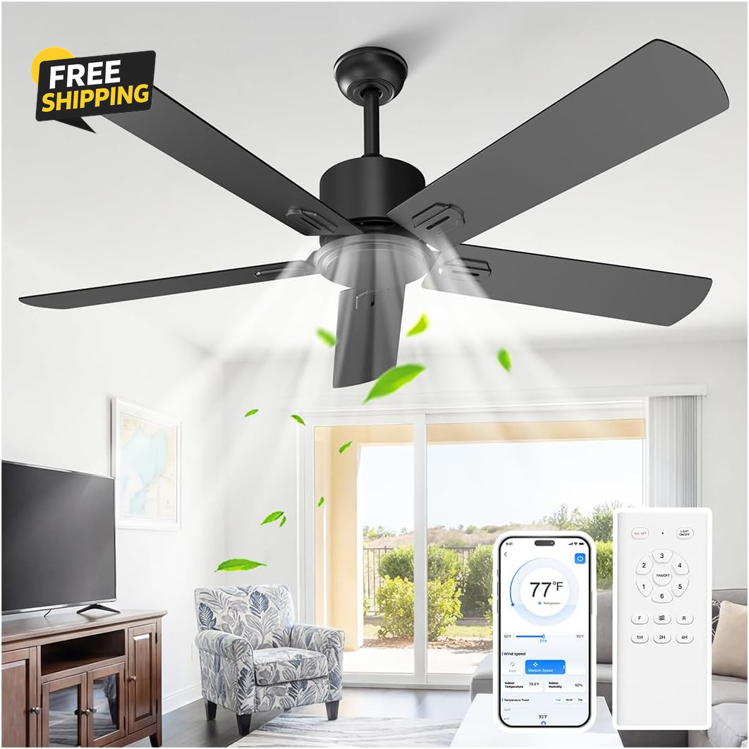 52" Black Ceiling Fan No Light Outdoor Flush Mount Remote DC Motor 6 Speed