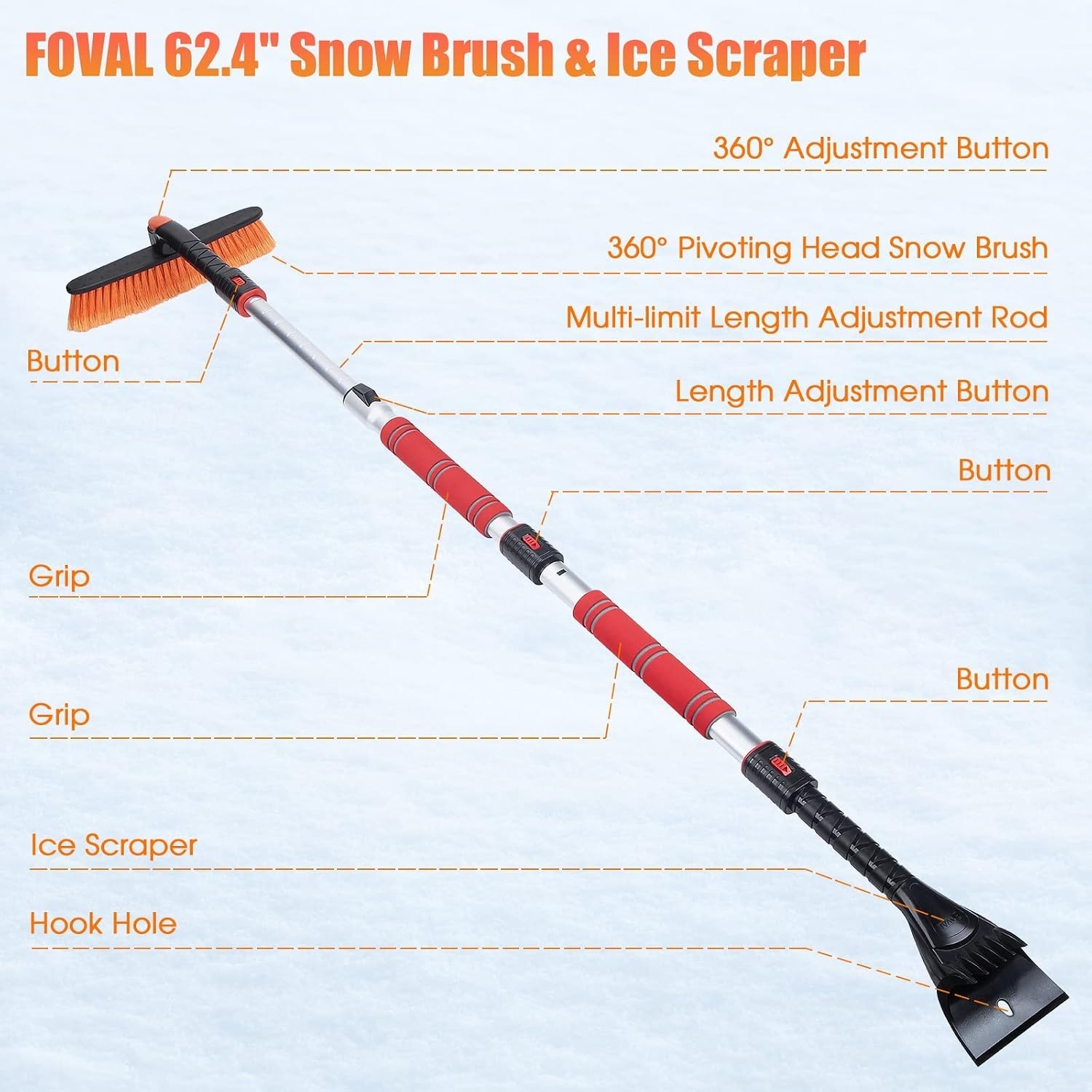 62.4" - Ice Scrapers for Car Windshield, 360°Pivoting Brush Head, Comfortable...