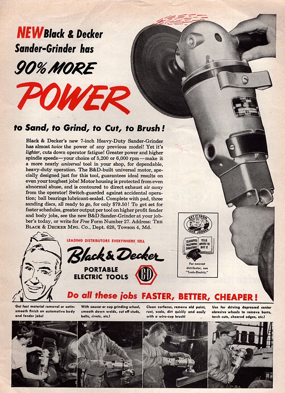 1954 Black & Decker Tools Heavy Duty Sander Grinder Original Print Ad