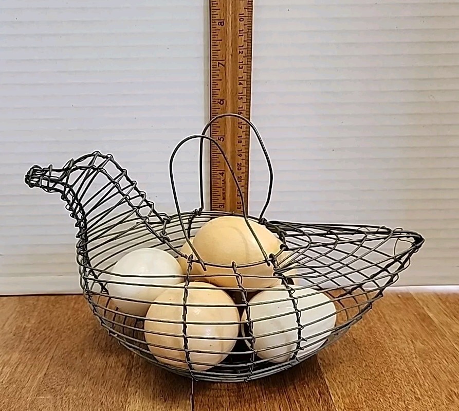 Wire Chicken Basket with Ceramic Eggs 9" x 6" x 6"