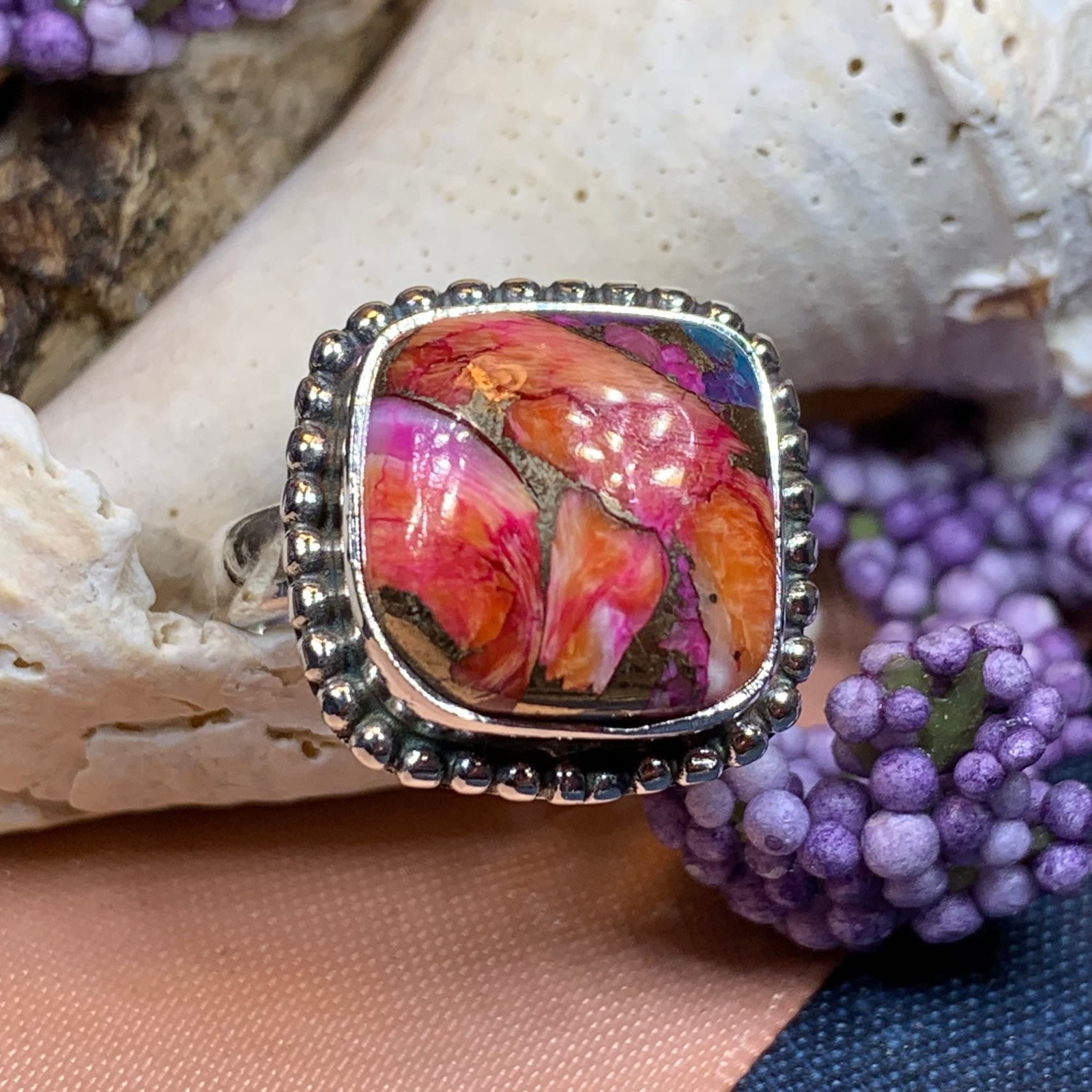 Ladies Statement Ring Boho Spiny Oyster Turquoise Large Wiccan Pagan Ring 925