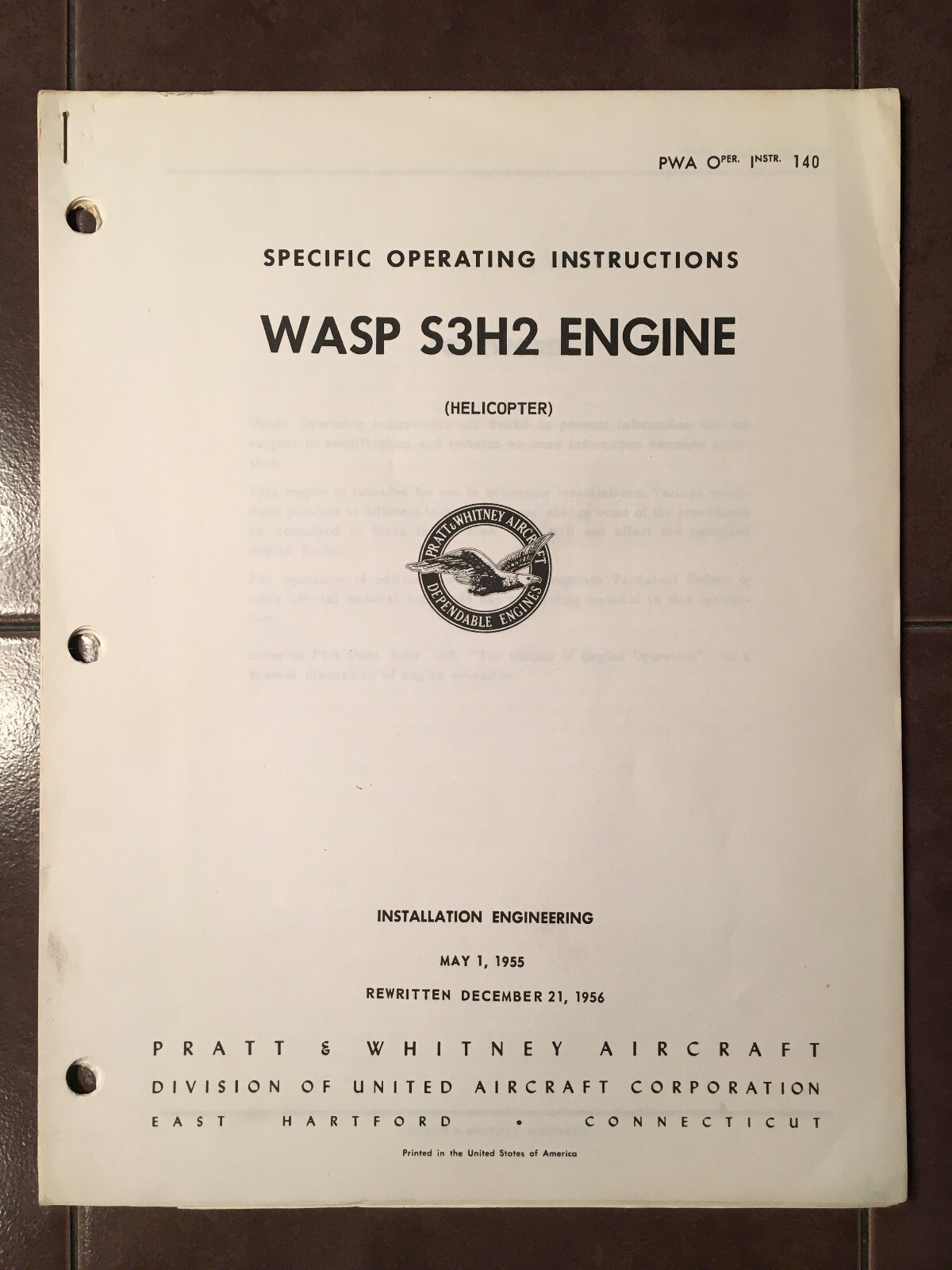 1955-1956 Pratt & Whitney Wasp S3H2 Engine Specific Operation Instructions