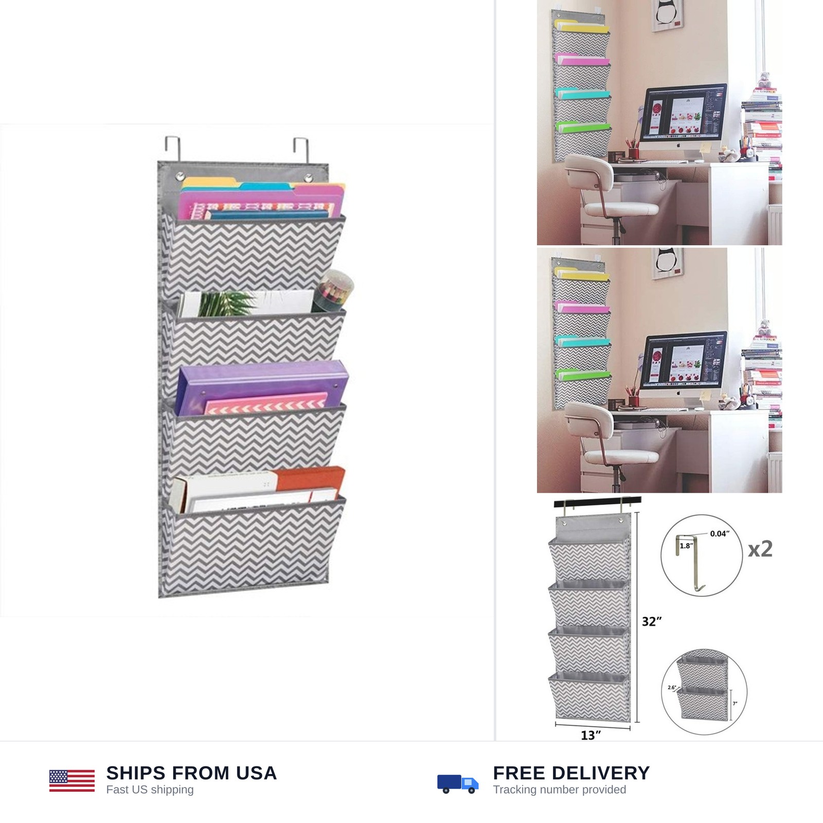 Eamay Wall Mount/Over Door File Hanging Storage Organizer - 4 Large Document ...