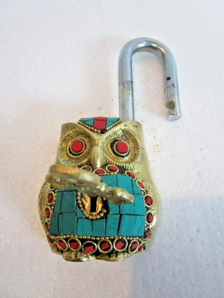 Handmade Working Functional Owl Shape Brass Padlock with Keys With Color Stone