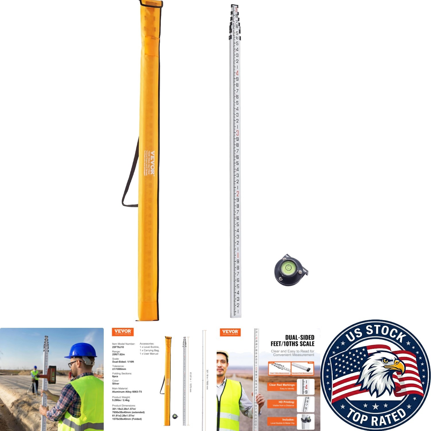 Telescopic 25-ft Aluminum Measuring Rod with Double-Sided Scale & Carry Bag