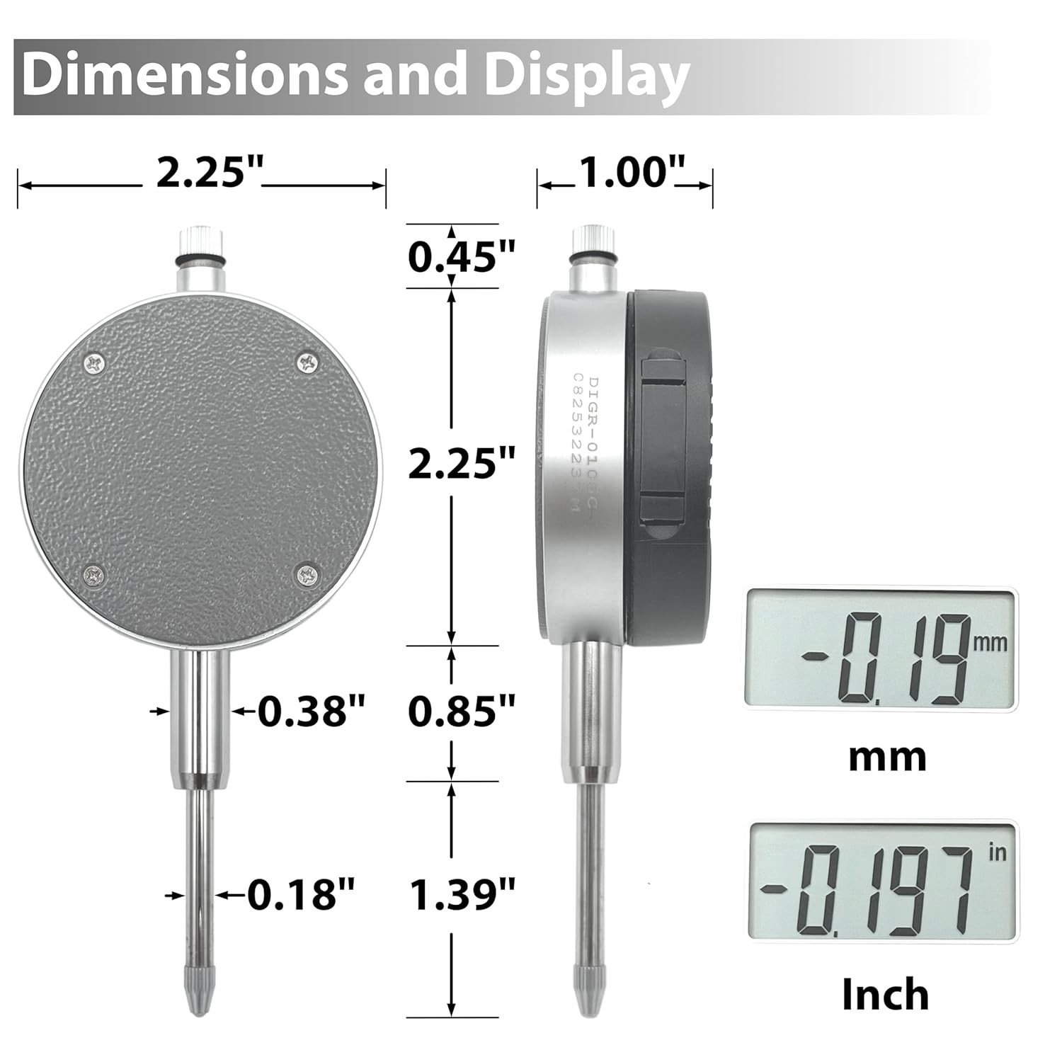 Clockwise Tools Digital Indicator, 0-1"/25.4mm DIGR-0105, Grey, Silver
