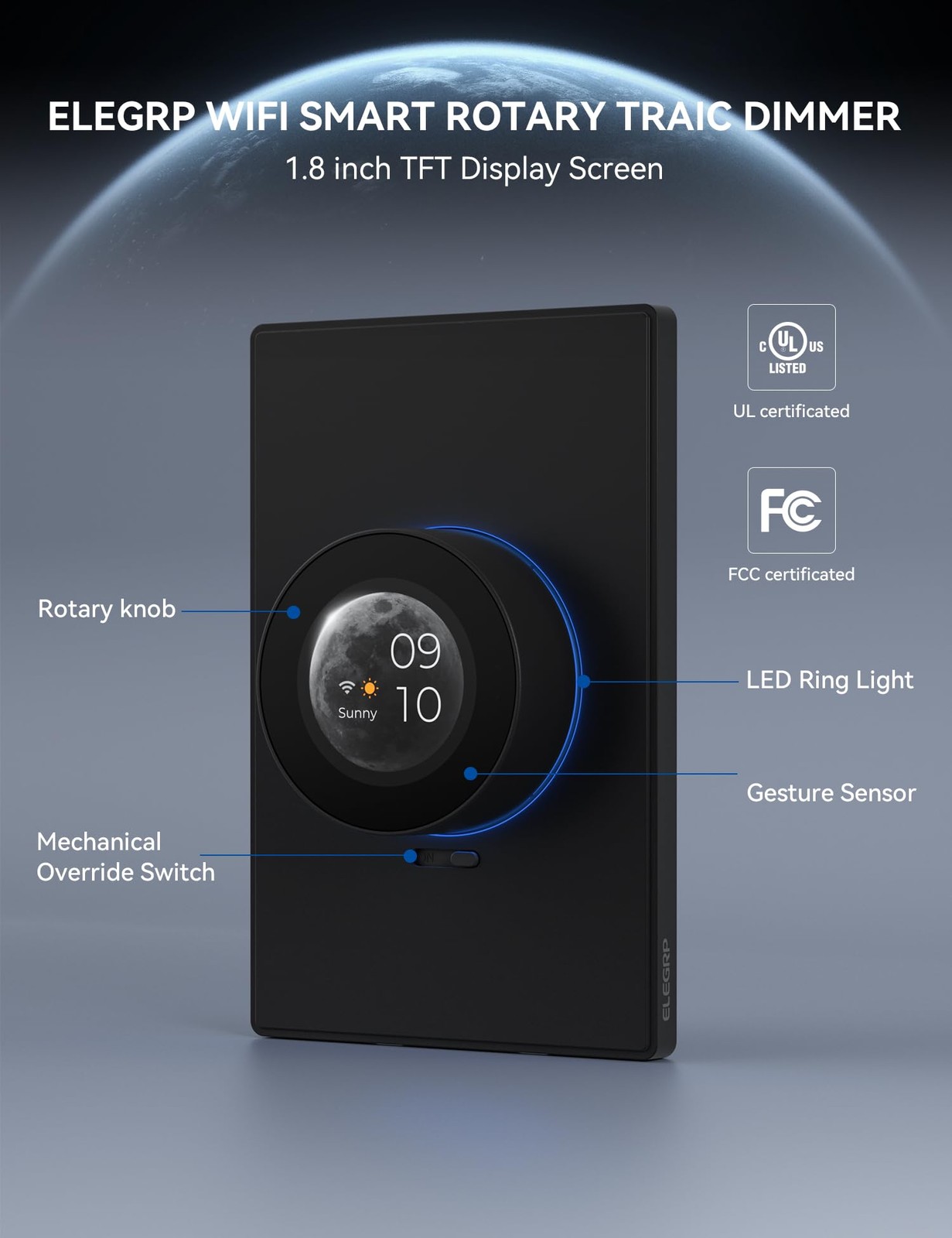 ELEGRP WiFi Smart Rotary Traic Dimmer with 1.8 inch TFT Display Screen, 2 pack